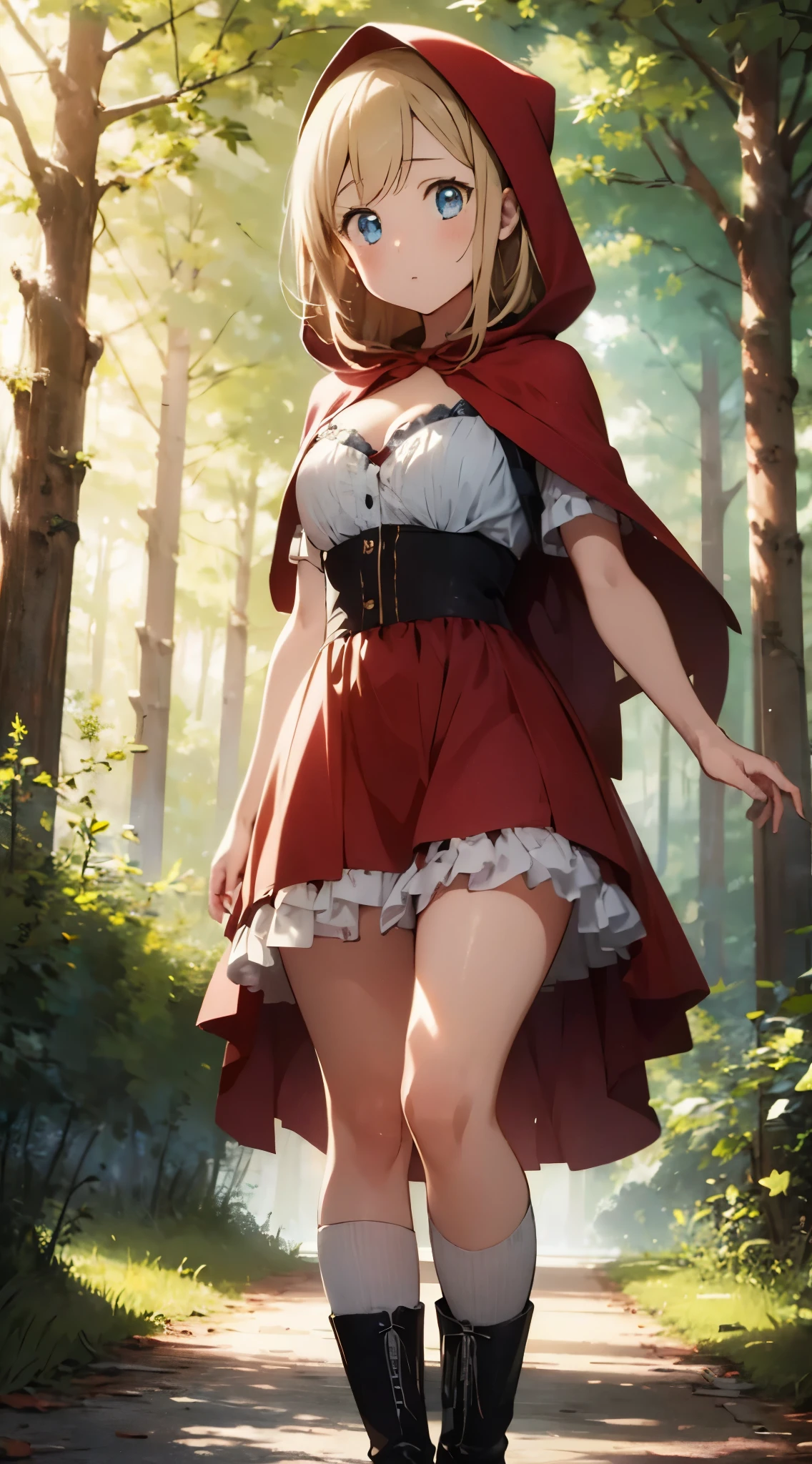 masterpiece, best quality, highly detailed, ultra high res, illustration, ayase arisa, 1girl, solo, blue eyes, blonde hair, long hair, little red riding hood, forest, frilled dress, boots, cleavage