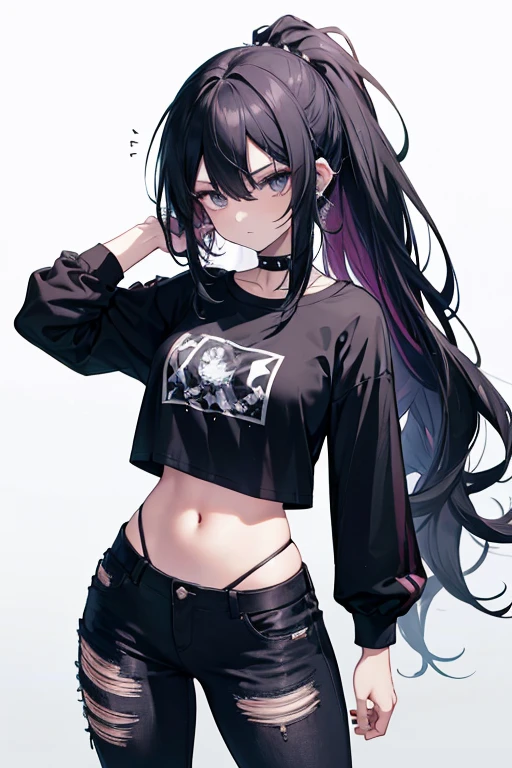 1girl, ojos negros, Gothic, cabello negro, camiseta negra con mangas y jeans Spikelack), metal spikes surrounding the girl's right leg, Auriculares negros, Cola de caballo ondulada, Cabello sobre el hombro, Pelo muy largo, cabello muy grueso, (caderas y ombligo expuestos), camiseta gastada, Camiseta rota, aesthetic t-shirt