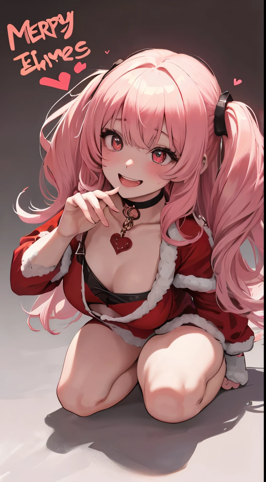 santa clothes、christmas image、small tits、1girl in、Put one hand on your face、Heart-shaped pupil,Red and Black theme,(blush:1.1),Choker,《trembling》,heart mark,(Smaller chest), ((Heavy breathing:1.3)), Smile, Evil smile, Laughing, Cute,full body Esbian、top-quality、masutepiece、1 Masterpiece Girl、Cheek makeup、loose, I have very large dark circles under my eyes、Colorful long hair、Smile,, Evil smile, Laughing, Cute