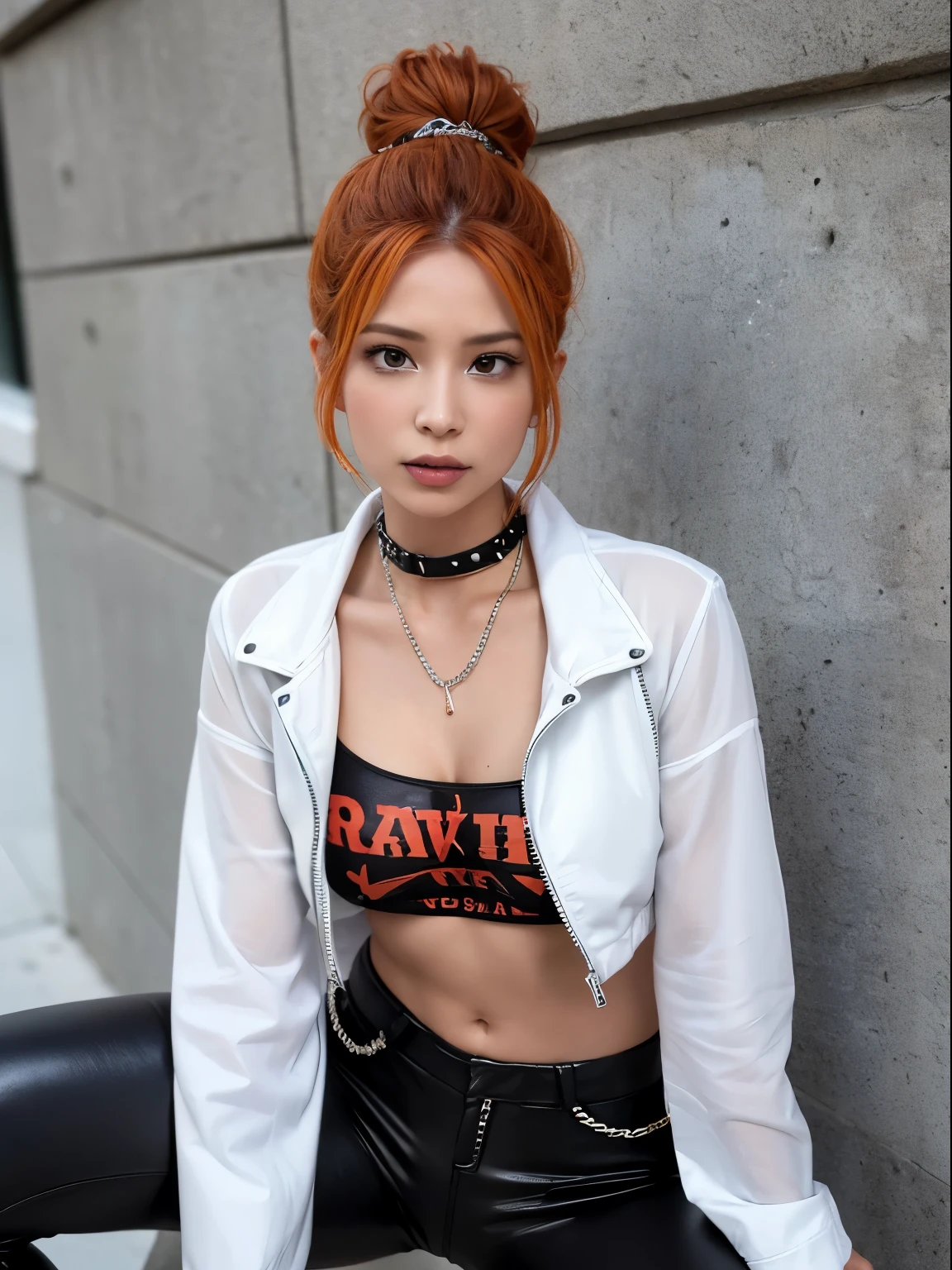 sologirl,Very heavy rain,Back alley at night,Drenched tomboy,piercings,Punk rock fashion,Open jacket with chain,Punk rock shirts,Punk rock pants with chain,Chain Accessories,a choker,(The whole body is soaking wet,Rainwater dripping from the face,Wet face,wetting hair,Wet and glowing skin,Soaking wet costumes,),(Glossy silver and orange two-tone hair,Short ponytail),(The composition of the princess's face,big eye,Pointed lips,red lipsticks,Cute round face,A smile that makes the viewer happy,blushing with embarrassment,red blush,),Bold sexy poses,Digital SLR,(The 8k quality,masutepiece,top-quality,Ultra-high resolution output image,),intricate detailes,(Highly detailed raw photos:1.3),(Image Mode Ultra HD),crouching down