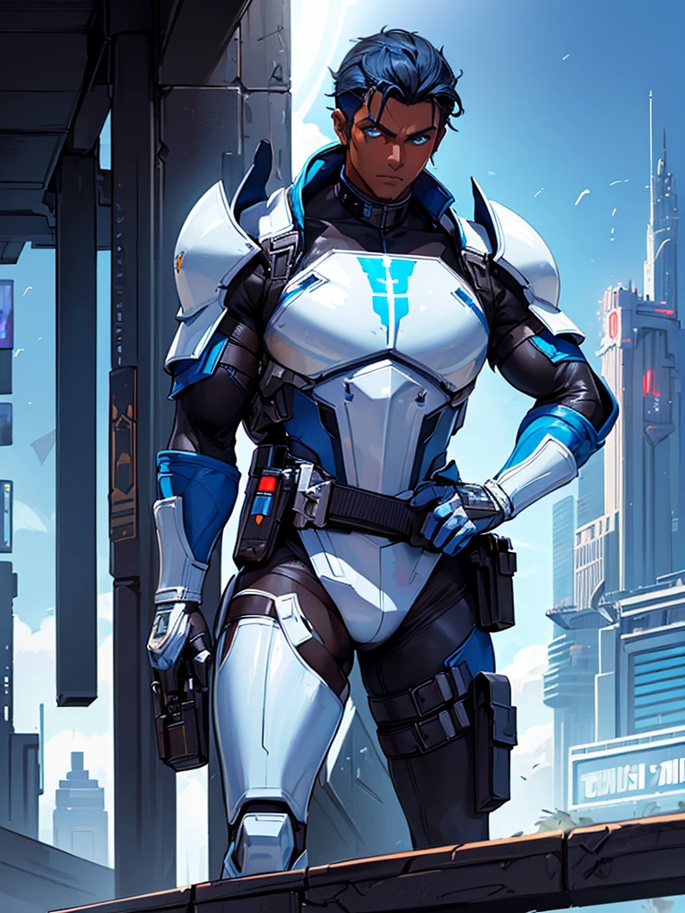 ((Best Quality)), ((Masterpiece)), (Detail: 1.4), Intricate details, Cinematic lighting, Sharp focus, Detailed face, Cyberpunk man with black hair, (Dark skin:1.4), Cybernetic blue eyes, (White and blue commando outfit:1.5), Tall man, (holster:1.4), Cyberpunk city, Elevated roads, Futuristic plaza,