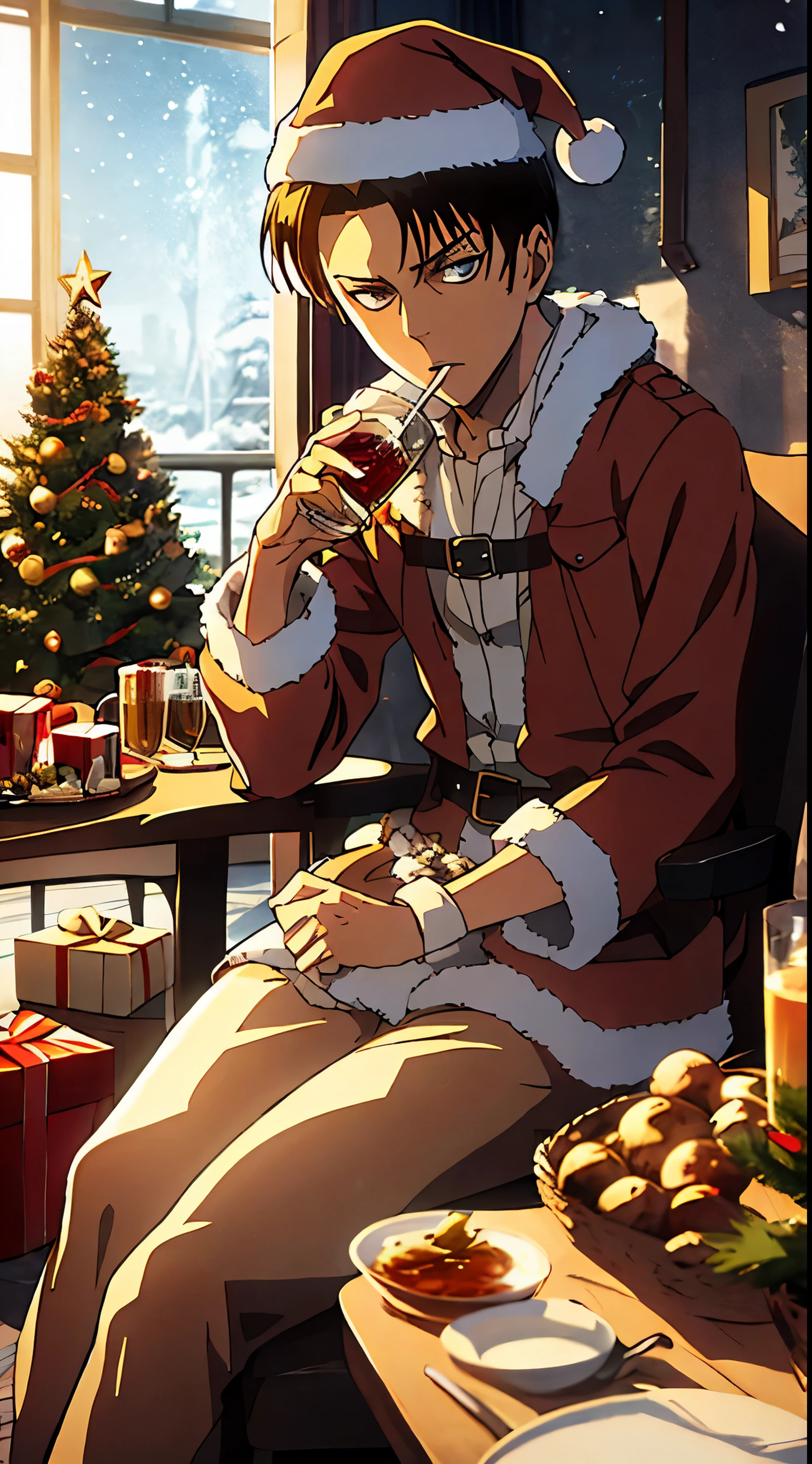 Generate a masterpiece solo anime character Levi Ackerman from attack on titan anime series, solo focus, sitting on chair, santa claus outfit, looking at viewers while drinking tea, Christmas party environment, so many presents surrounding, Christmas party background