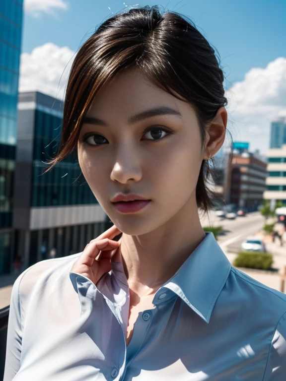 8k, high res, HQ, UHD, (photorealistic:1.4), masterpiece, hyper-realistic detailed photography of (beautiful korean girl), (girl:1.5), (wearing button blouse:1.3, long sleeve), 23 years old, (dynamic pose:1.4), (wonderful skyscape, clouds, cityview), slim fit body with a bit sweat, look at me, big boobs, sexypose, sagging breast, detailed body feature, proportional perfect body, petite posture, detailed perfect hand, good hand, clear bright skin, lustly look, symmetricaly face, perfect face feature, detailed face, Intricate detailed grey blue eyes, detailed perfect lips, a bit opened mouth, detailed short brunette hair, bob style with bang, perfect composition, dynamic lighting, summer atmosphere, natural blue colors, wide angle shot, seen from below, focus on face, dramatic lighting, photon mapping