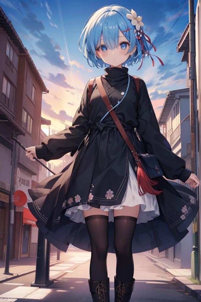 rezeroRemu, Remu, Blue eyes, Blue hair, Hair Ornament, Hair over one eye, hair ribbon, Short hair,Floral hair ornament, x Hair Ornament,long court,muffler,V-neck sweater,Black long skirt,Black tights,brown short boots,In the street,Winters,yuki,illuminations,BREAK looking at viewer, BREAK (masutepiece:1.2), Best Quality, High resolution, Unity 8k壁纸, (Illustration:0.8), (Beautiful detailed eyes:1.6), extRemuely detailed face, Perfect Lighting, extRemuely detailed CG, (Perfect hands, Perfect Anatomy),