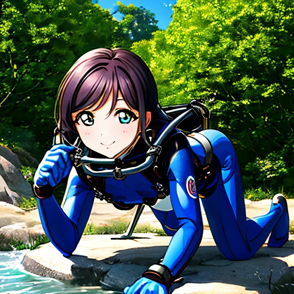 girl, beautiful pose,( girl in a diving suit),(The color of the diving suit is white and pink.)、 looking at us, standing on the embankment next to a river and a forest, black hair, blue eyes, all the beautiful details, photo-realistic rendering, elegant posing, T masterpiece, highest resolution, unique cortina