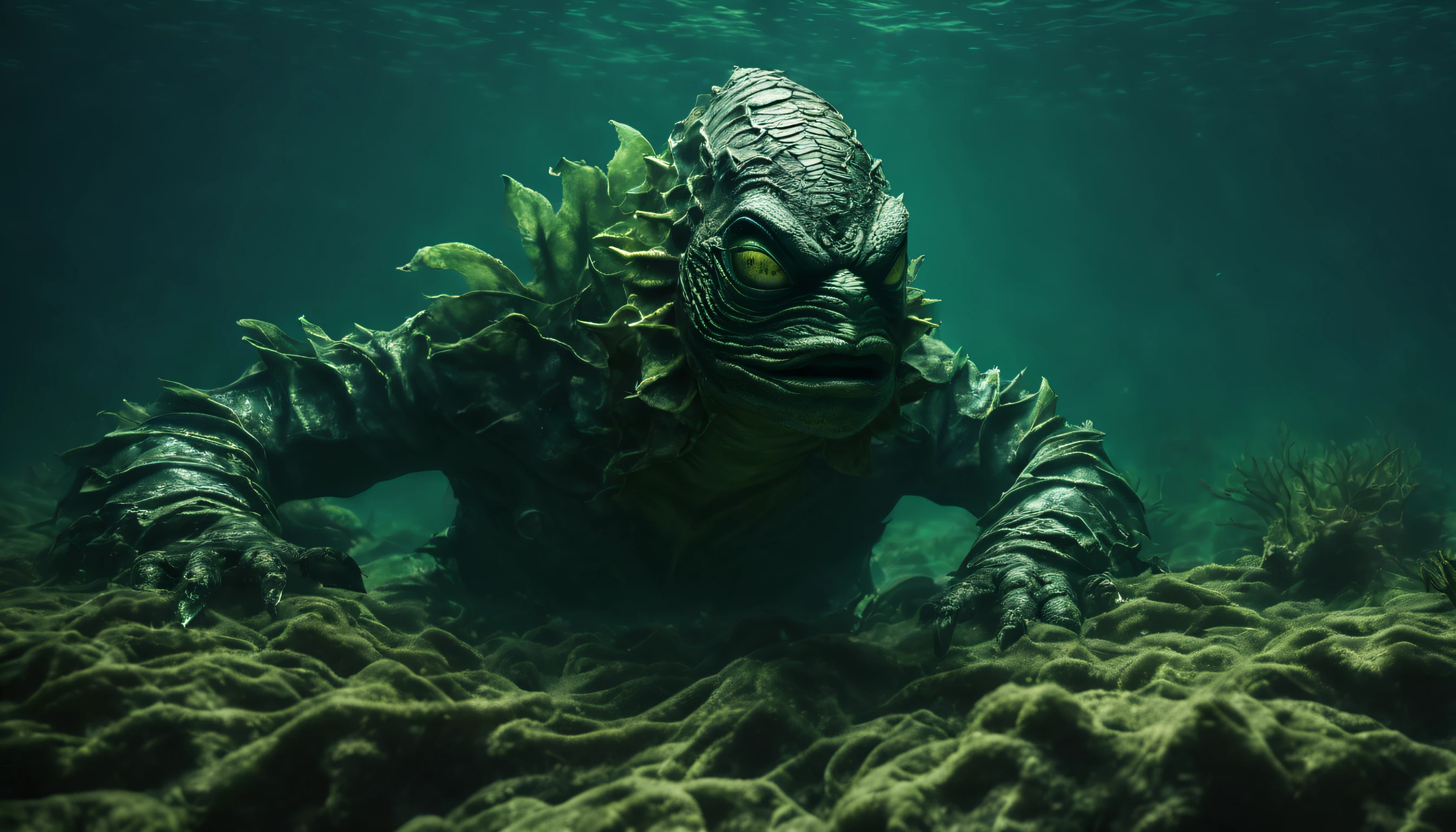 (best quality,4k,highres,masterpiece:1.2),ultra-detailed,realistic, ((the creature from the black lagoon)) swimming under the water,scaly skin,creepy eyes,thick webbed claws,floating seaweed,dark and murky depths,horror,underwater landscape,shadows and reflections,greenish-blue color palette,mysterious lighting,eerie atmosphere,ripples on the water surface,details of the underwater plants and rocks