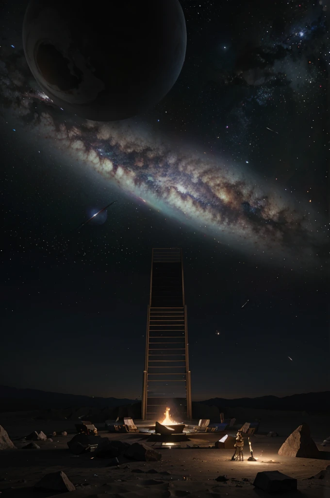 Grand staircase surrounded by galaxies and planets, climbing towards a portal, 3D-rendering, 4k