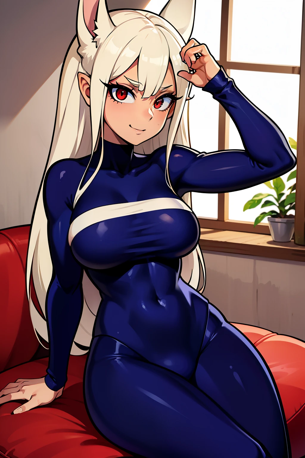 Cute girls,ojos rojos redondos, cabello blanco、orejas de conejo,sexy、sonriendo,Peinado liso medio a largo、(Bigboobs,lleva una lenceria roja,lleva unos leggins rojos,En una casa de alquiler,sitting on the couch,Noche,estaba lloviendo afuera,Upper body is wet.,cuerpo entero,lleva unos leggins rojos,red leggins