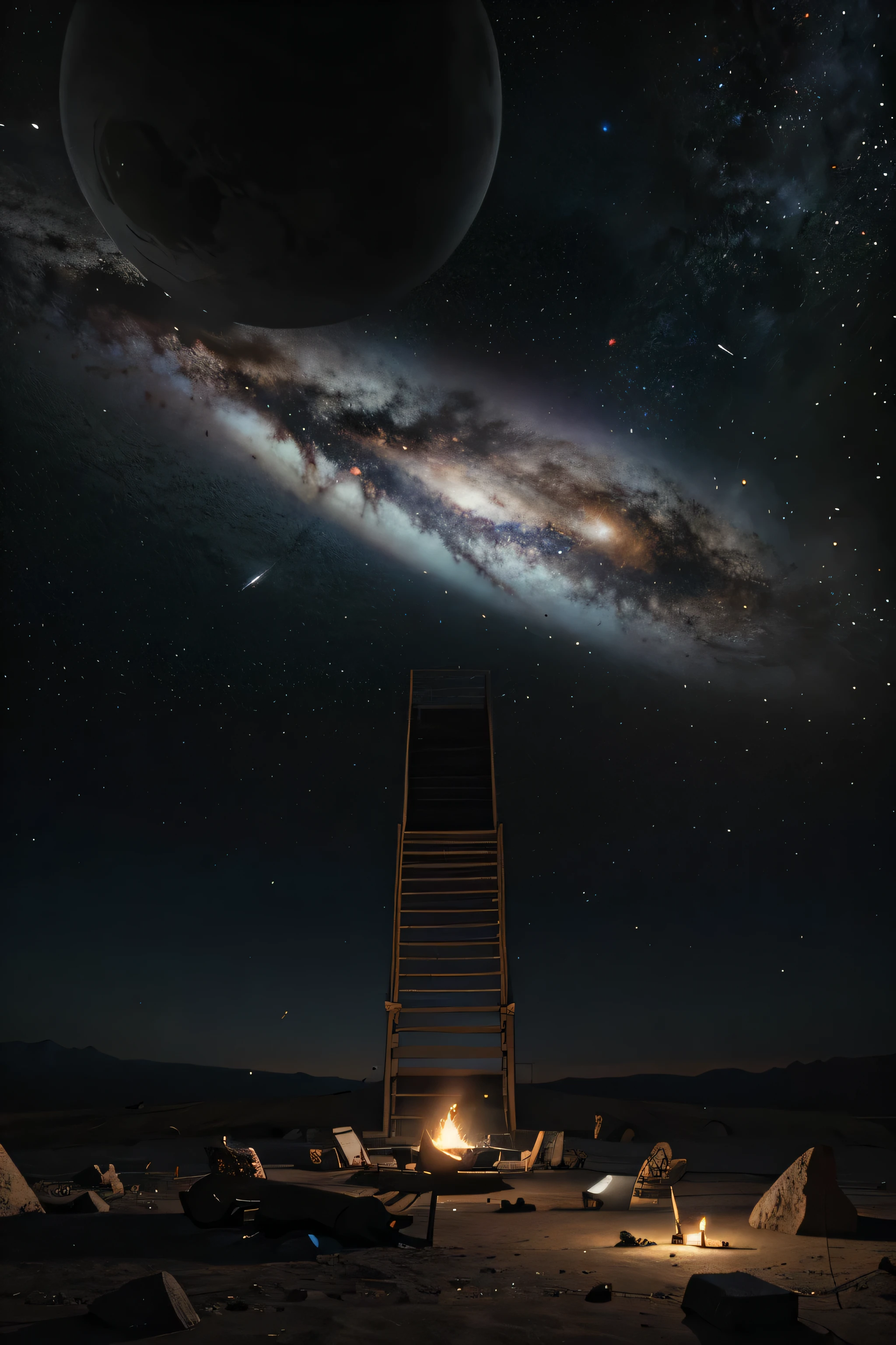 Grand staircase surrounded by galaxies and planets, climbing towards a portal, 3D-rendering, 4k