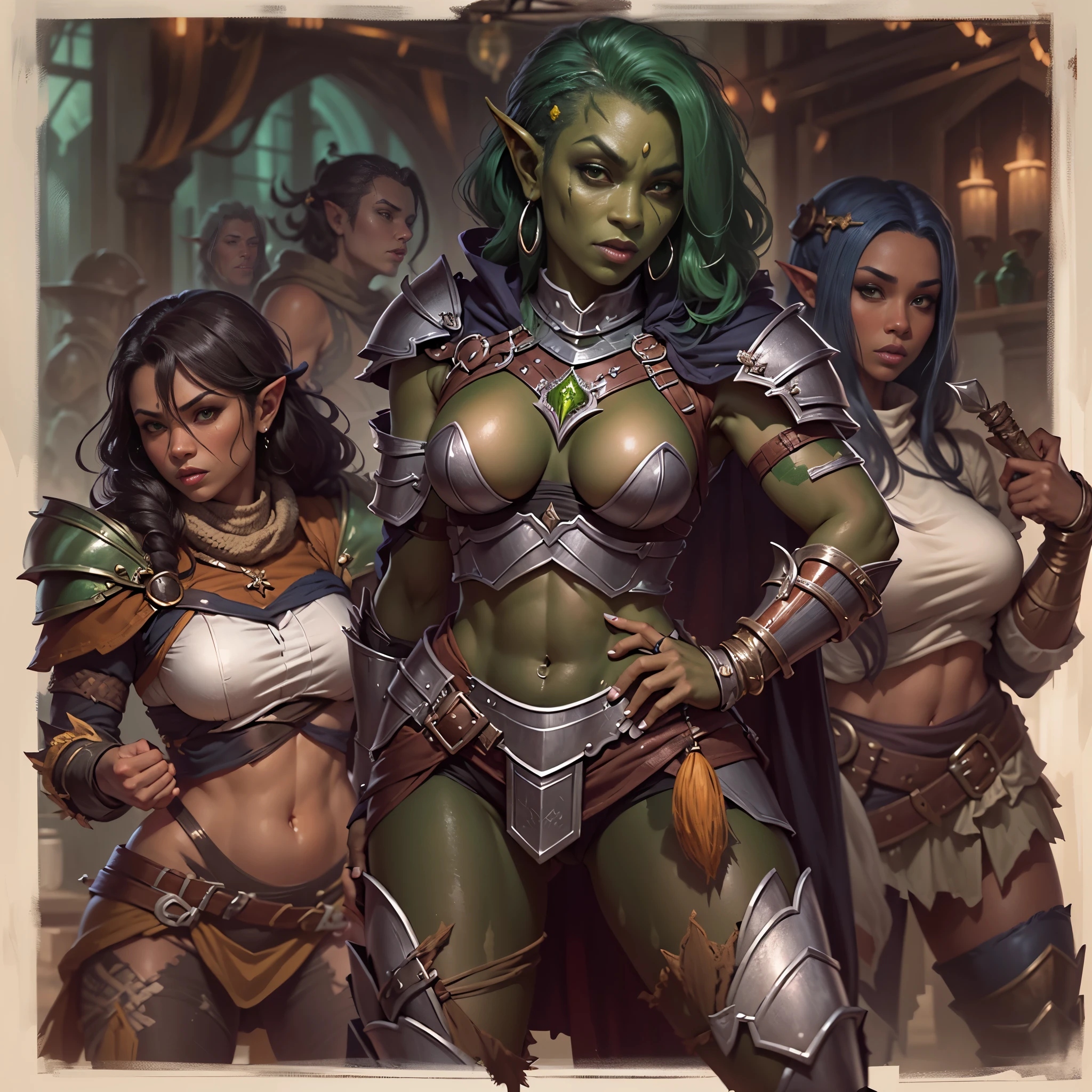 (((Black female rogue))), wearing tight leather armor, (((midnight skinned female drow sorceress))), wearing skimpy outfit with patterned pantyhose, (((beautiful green skinned female half-orc warrior))), wearing skimpy half-plate armor, (((human female paladin))), wearing skimpy full-plate armor, (((female dwarven cleric))), wearing skimpy full-plate armor, (((female druid))), wearing leaves, (((female ranger))), wearing skimpy leather armor, all gathered at a mideval tavern celebrating a victory, sitting at table drinking