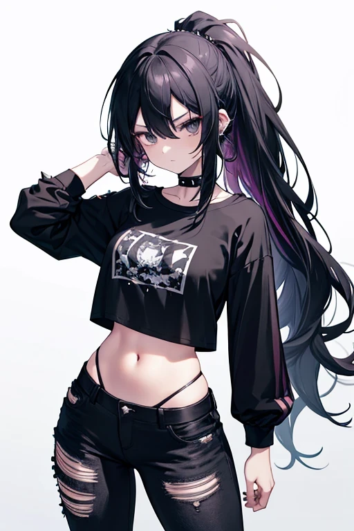 1girl, black eyes, gothic, black hair, black t-shirt with sleeves and spikes, (black jeans), metal spikes surrounding the girl's right leg, black headphones, wavy ponytail, hair over shoulder, very long hair, very thick hair, (exposed hips and navel), worn t-shirt, torn t-shirt, aesthetic t-shirt