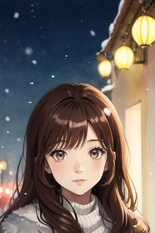 radiance, soft contours, detailed background, bright colors,
1girl, watercolor, kyoani style, long reddish brown hair, snow, half body portrait, pastel colors, ink, cold winter lights, watercolor background