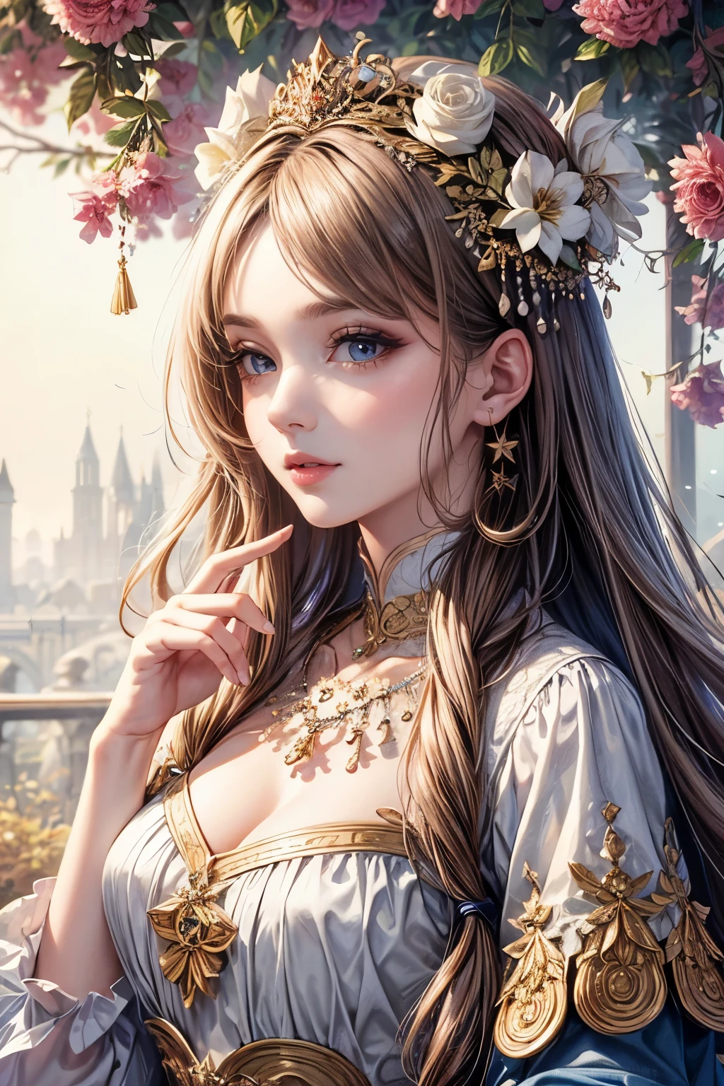 (best quality,8K,CG),detailed upper body,solitary girl,floral forest background,complex facial features,elegant long curly hair,almond-shaped big eyes,detailed eye makeup,long eyelashes,twinkling stars,exquisite lip details,soft and harmonious style.
