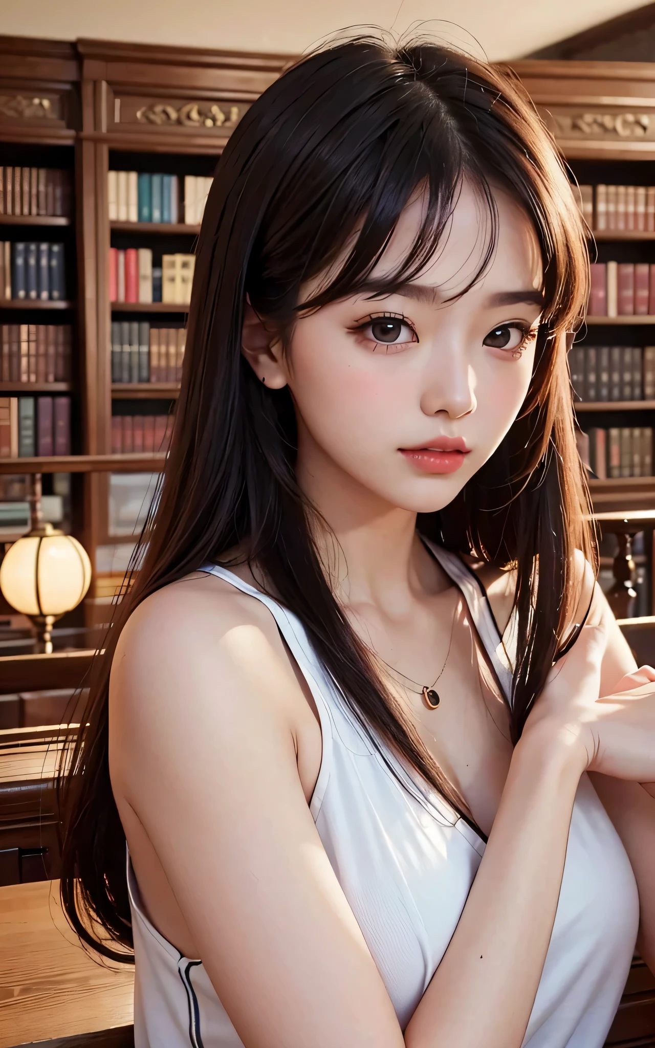 quality,8K,4K,k hd,Detail beautiful girl,round glasselack hair girl,Oriental style everyday clothing,Library with good atmosphere,upper body in the picture,
