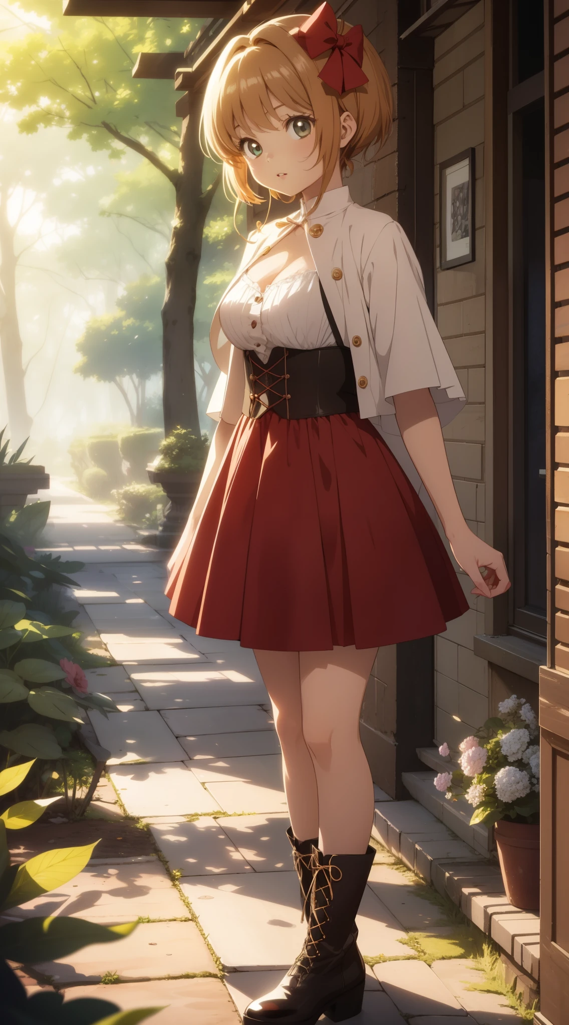 masterpiece, best quality, highres, perfect pixel, depth of field, 1girl, single, solo, beautiful anime girl, beautiful artstyle, (detailed face), anime CG style, (medium breasts), good lighting, perfect body, (sakura kinomoto), glossy lips, cleavage, little red riding rood, forest, boots