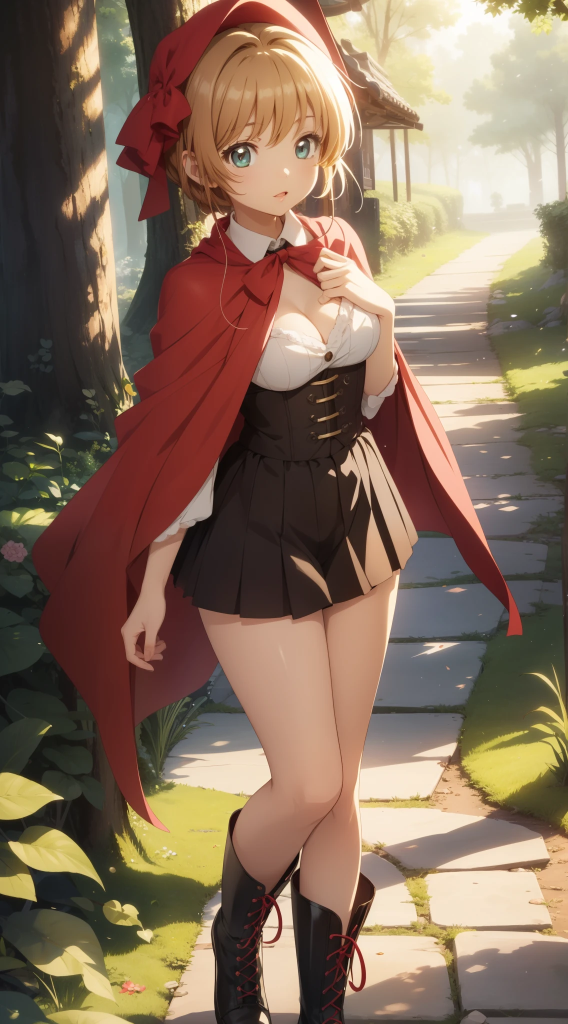 masterpiece, best quality, highres, perfect pixel, depth of field, 1girl, single, solo, beautiful anime girl, beautiful artstyle, (detailed face), anime CG style, (medium breasts), good lighting, perfect body, (sakura kinomoto), glossy lips, cleavage, little red riding rood, forest, boots