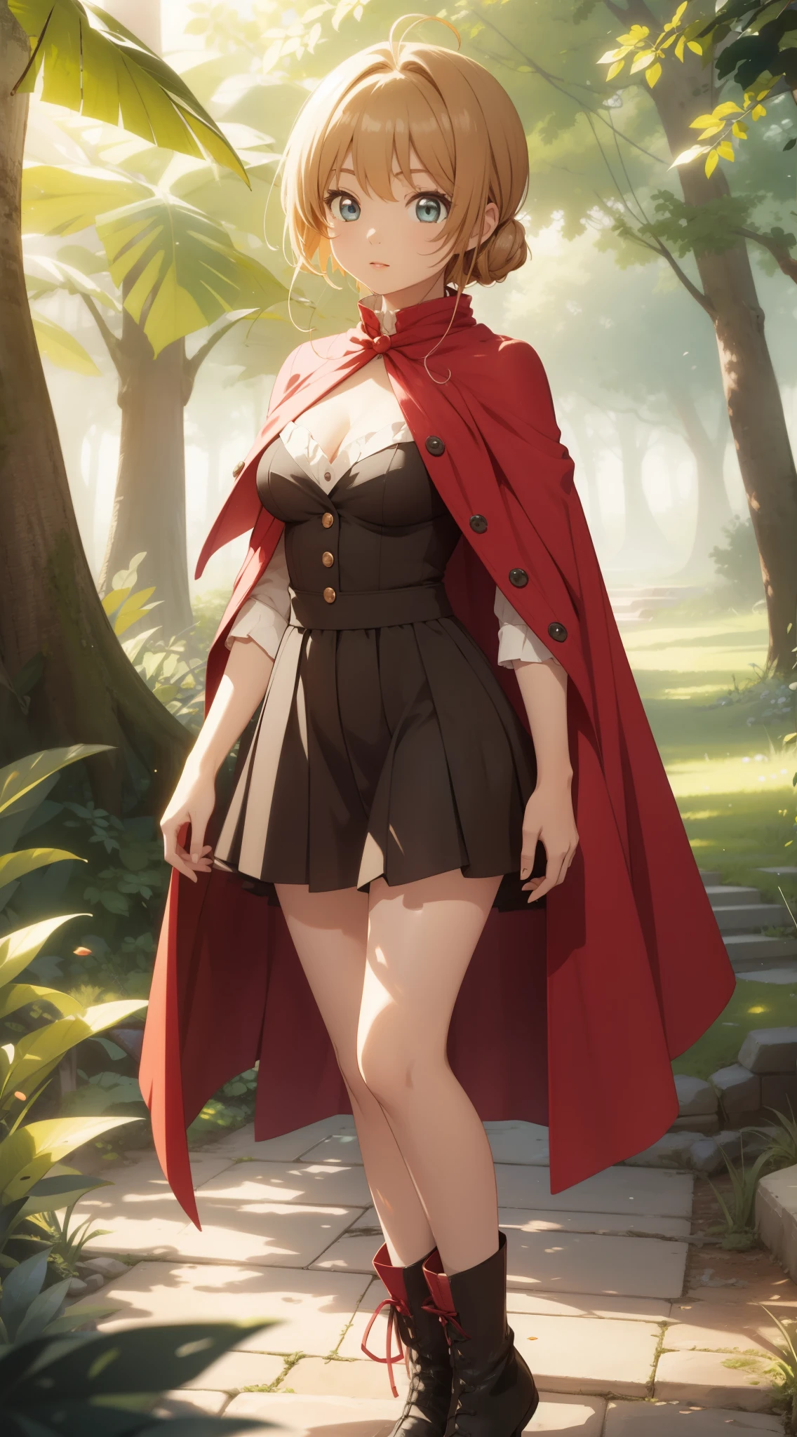 masterpiece, best quality, highres, perfect pixel, depth of field, 1girl, single, solo, beautiful anime girl, beautiful artstyle, (detailed face), anime CG style, (medium breasts), good lighting, perfect body, (sakura kinomoto), glossy lips, cleavage, little red riding rood, forest, boots