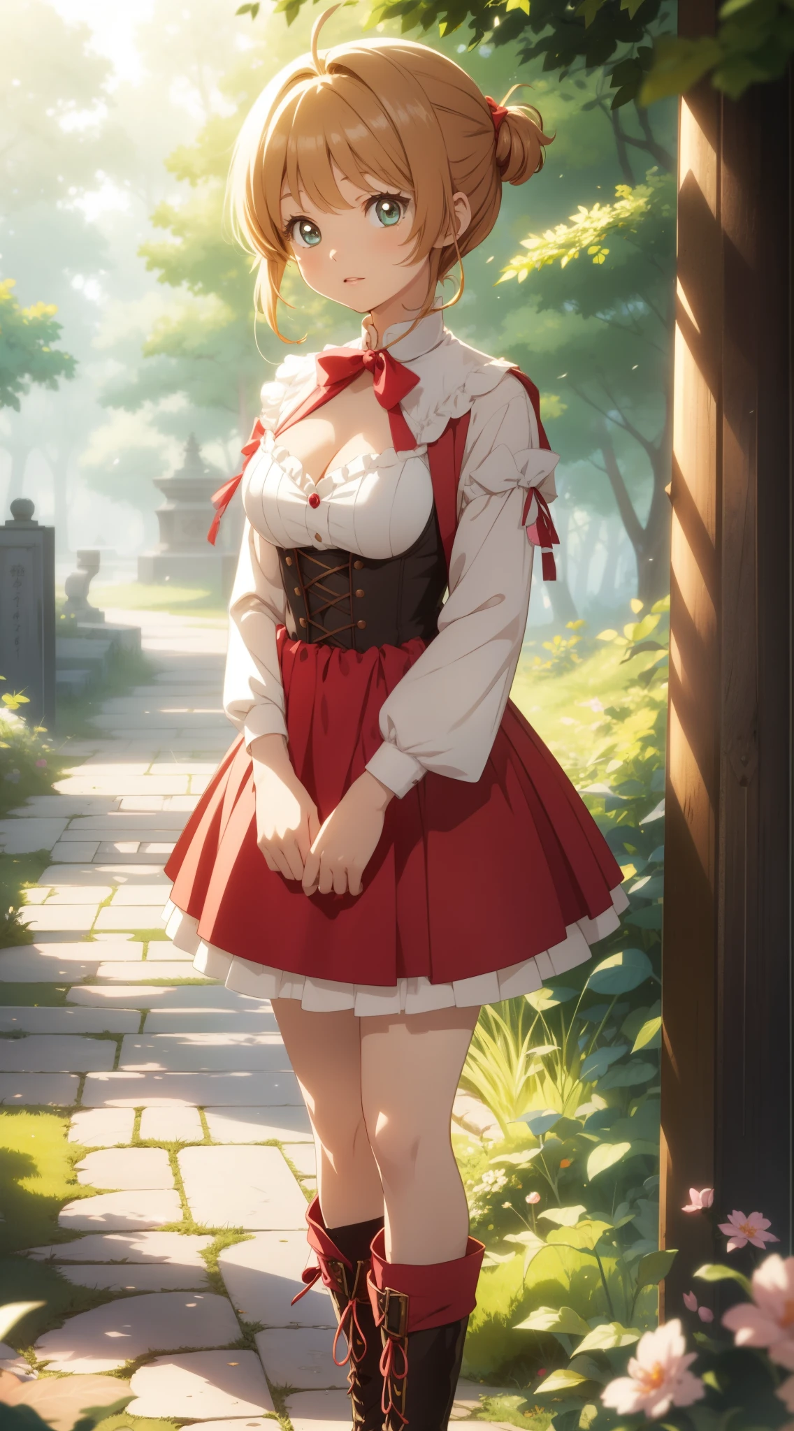 masterpiece, best quality, highres, perfect pixel, depth of field, 1girl, single, solo, beautiful anime girl, beautiful artstyle, (detailed face), anime CG style, (medium breasts), good lighting, perfect body, (sakura kinomoto), glossy lips, cleavage, little red riding rood, forest, boots