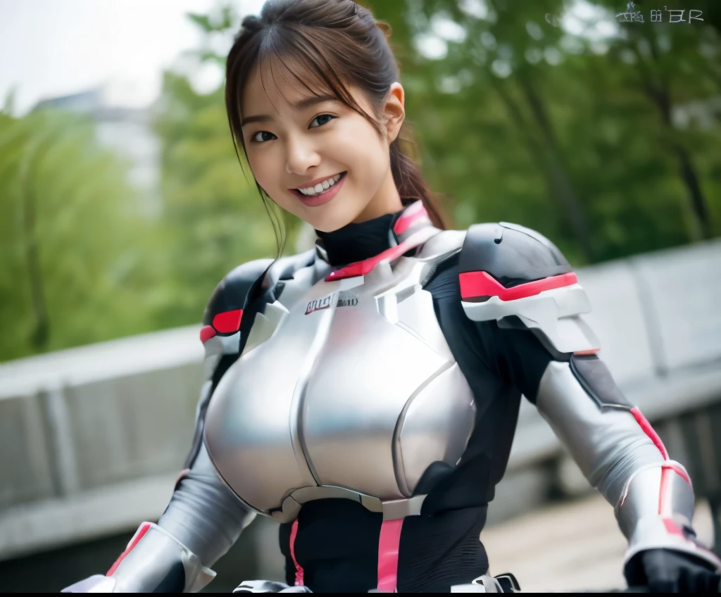 (ultra best quality、8K、masuter piece、delicate illustration) 、（A beautiful and bewitching Japanese 25-year-old woman:1.2、pink and white armored hero suit:1.3、very plump body:1.2、ultra gigantic tits:1.3、cleavage of the breast:1.3、Emphasis on nipples:1.3）、smiling at the viewer、A dark-haired