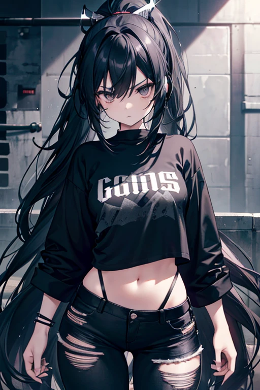 1girl, black eyes, gothic, black hair, black t-shirt with sleeves and spikes, (black jeans), metal spikes surrounding the girl's right leg, black headphones, wavy ponytail, hair over shoulder, very long hair, very thick hair, (exposed hips and navel), worn t-shirt, torn t-shirt, aesthetic t-shirt