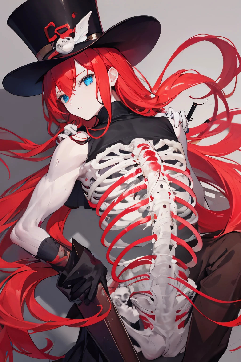 Two-dimensional girl,Long straight red hair,One red and one blue eyes,Wearing a black top hat,Wearing a brown suit,Wear a black skirt underneath,Wearing brown boots,There are four tentacles made of red muscle tissue on the back..,Hand holds a sickle made from spinal cord blood vessels, Muscle tissue and bones.