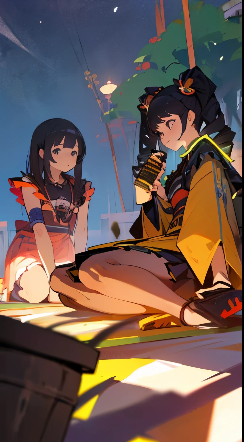 Anime style, better quality possible, they are friends, 3 young japan women, gothic style, eating pizza and drinking soda in garden picnic at night, heavy metal costume, they use black bra and skirt black, they are sit