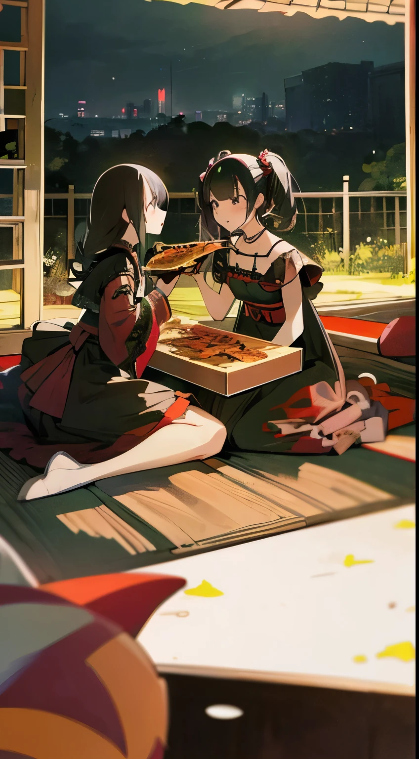 Anime style, better quality possible, they are friends, 3 young japan women, gothic style, eating pizza and drinking soda in garden picnic at night, heavy metal costume, they use black bra and skirt black, they are sit