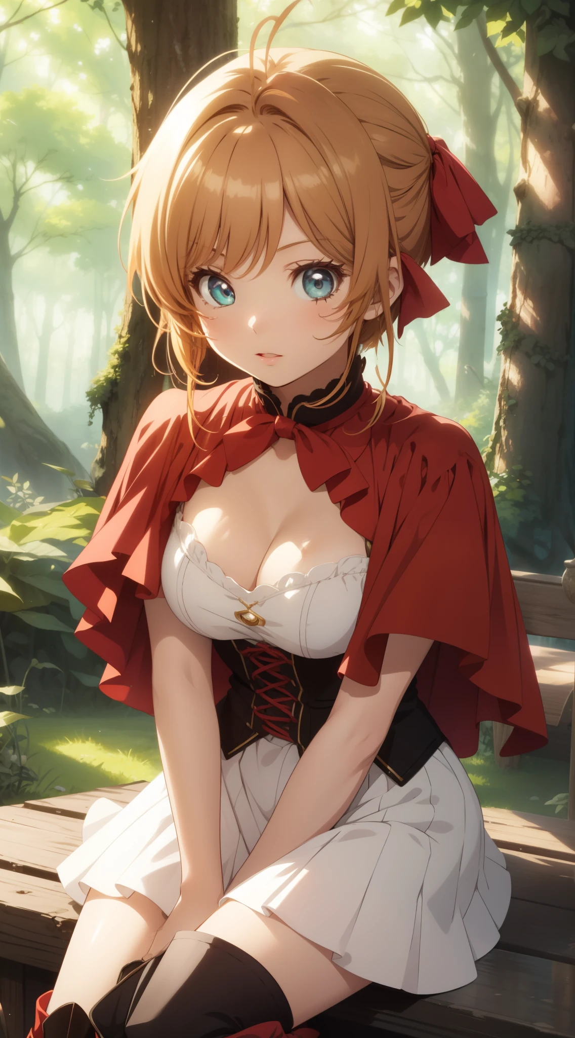 masterpiece, best quality, highres, perfect pixel, depth of field, 1girl, single, solo, beautiful anime girl, beautiful artstyle, (detailed face), anime CG style, (medium breasts), good lighting, perfect body, (sakura kinomoto), glossy lips, cleavage, little red riding rood, forest, boots