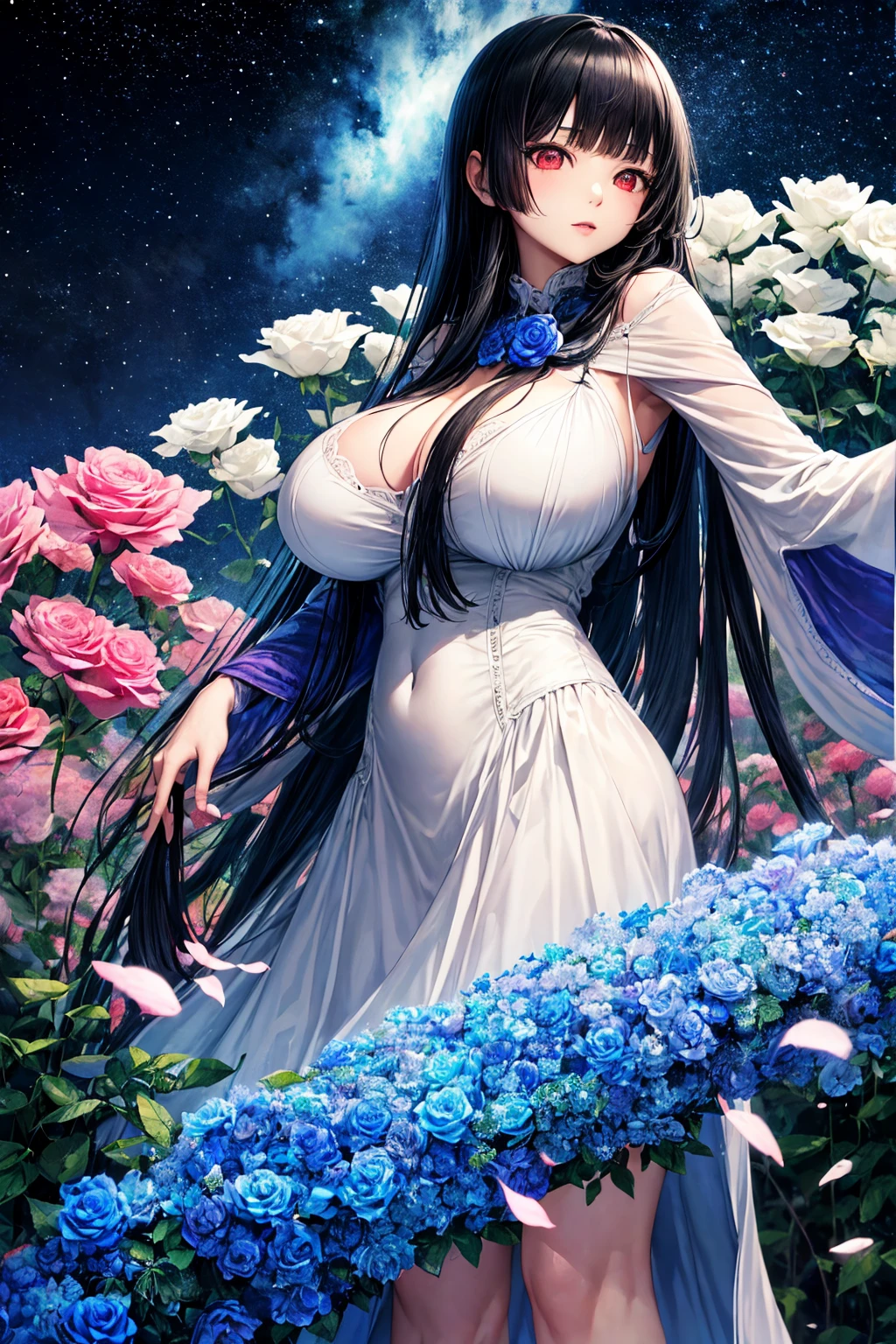 (absurd res, A high resolution, ultra - detailed, hyper HD, Cinematic), Alone, 1个Giant Breast Girl, mature, Happy,hime cut,black long hair,red eyes, (huge breasts:1.5),girl standing in light blues flower field, light blues flower petal surrounding girl, full bodyesbian, Blue long-haired girl, light blues hair, fanciful, dream-like, Snowy Land, offcial art, trending art, contours, ultra - detailed face, ultra - detailed eyes, light blues flower field, ultra - detailed field, The white blue sky, Cold, light blues, The white, Nebula in the sky, purple rose,blue tree, aquarelle, pastel colour