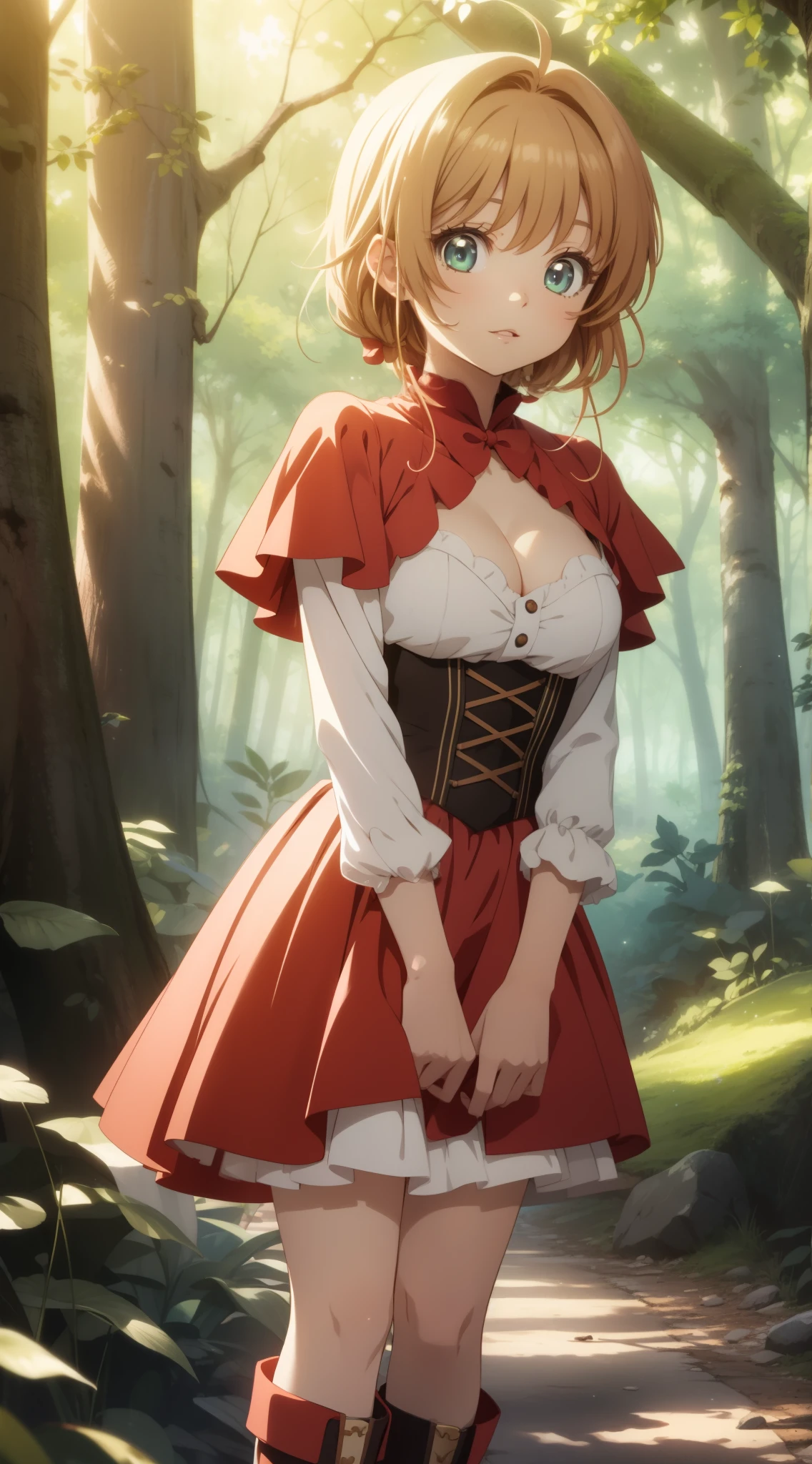 masterpiece, best quality, highres, perfect pixel, depth of field, 1girl, single, solo, beautiful anime girl, beautiful artstyle, (detailed face), anime CG style, (medium breasts), good lighting, perfect body, (sakura kinomoto), glossy lips, cleavage, little red riding rood, forest, boots