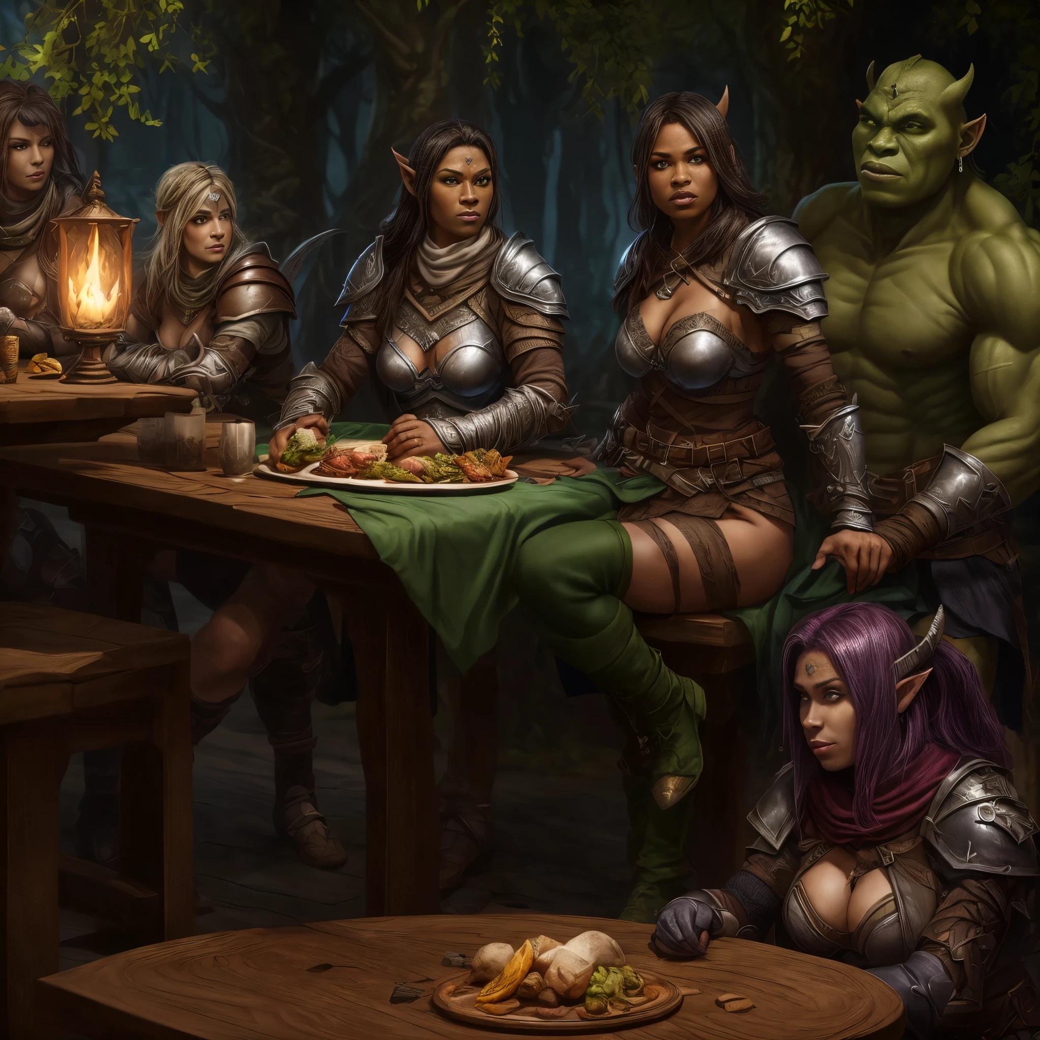 (((Black female rogue))), wearing tight leather armor, (((midnight skinned female drow sorceress))), wearing skimpy outfit with patterned pantyhose, (((beautiful green skinned female half-orc warrior))), wearing skimpy half-plate armor, (((human female paladin))), wearing skimpy full-plate armor, (((female dwarven cleric))), wearing skimpy full-plate armor, (((female druid))), wearing leaves, (((female ranger))), wearing skimpy leather armor, all gathered at a mideval tavern celebrating a victory, sitting at table drinking