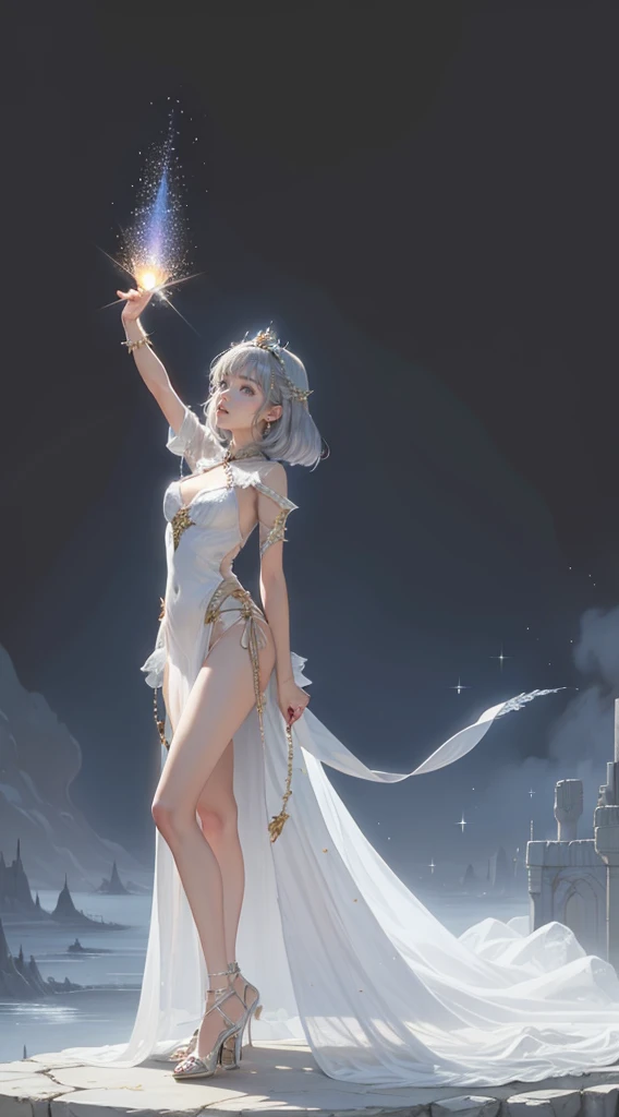 (((Full body illustration))), 1girl, Beautiful 10-year-old western girl ((very young, 10 years old)), thin, collarbone, wearing white silk veils ((transparent silk)), detailed body, bare torso, bare shoulders,