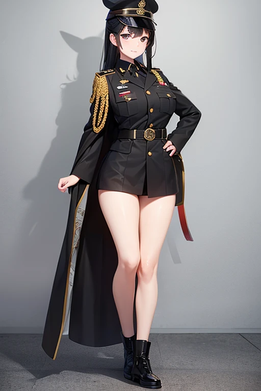 Military Uniform, Black Hair, Breast, Military Cap, Fox Ears, Full body