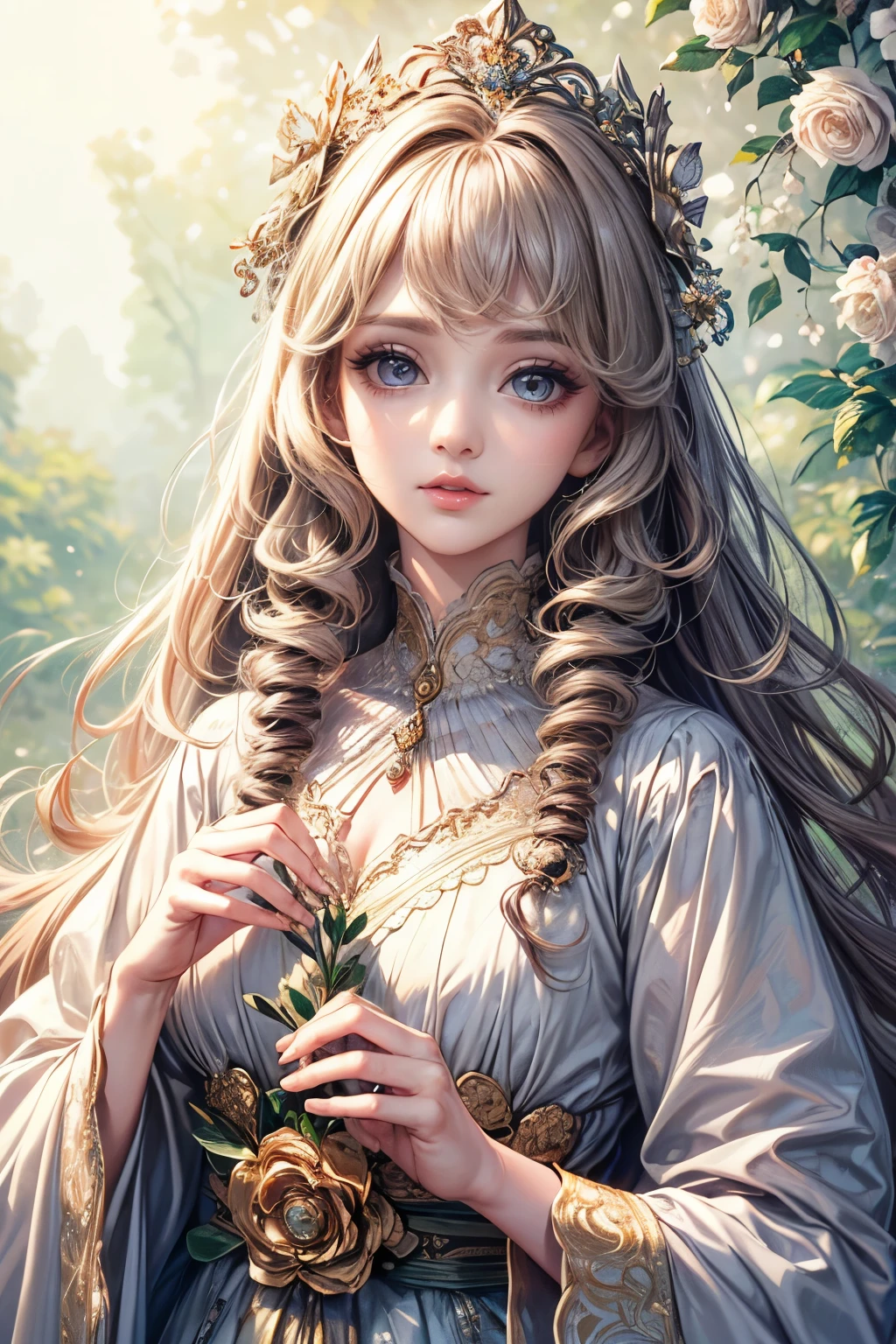 (best quality,8K,CG),detailed upper body,solitary girl,floral forest background,complex facial features,elegant long curly hair,almond-shaped big eyes,detailed eye makeup,long eyelashes,twinkling stars,exquisite lip details,soft and harmonious style.