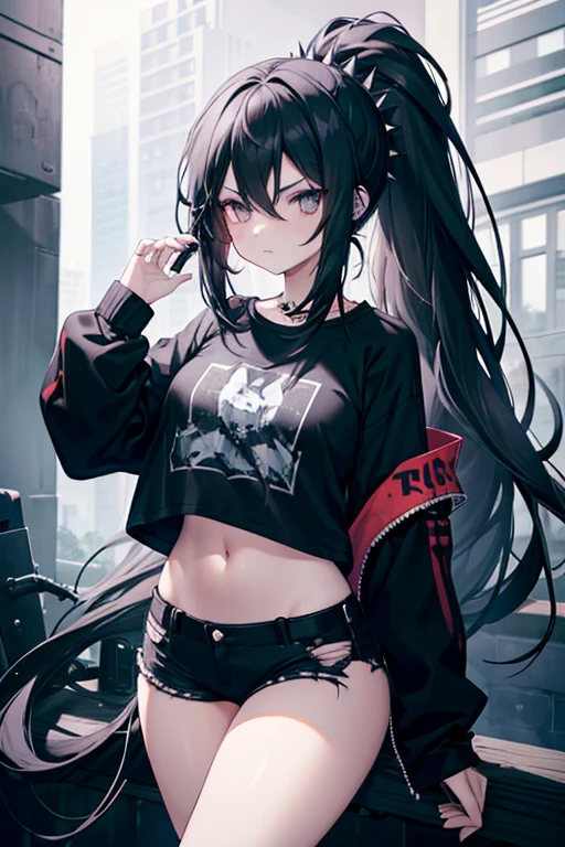 1girl, black eyes, gothic, black hair, black t-shirt with sleeves and spikes, (black jeans), metal spikes surrounding the girl's right leg, ((black headphones)), wavy ponytail, hair over shoulder, very long hair, very thick hair, (exposed hips and navel), worn t-shirt, torn t-shirt, aesthetic t-shirt