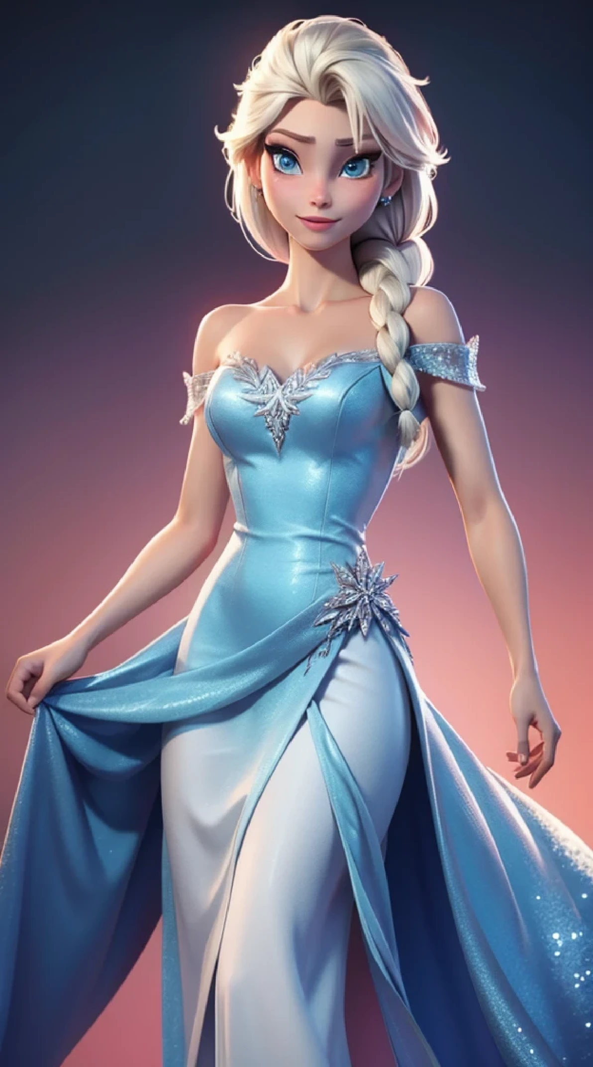 Generate an realistic image of Elsa from Frozen, real character Frozen elsa, dressed in modern fashion for a New Year's party. HDR 8K texture dress, visual render Elsa, Elsa should be wearing a red, delicate long dress , along with a New Year's santa hat. The dress should be stylish and suitable for a princess. New Year's dress with real feathers and tassels