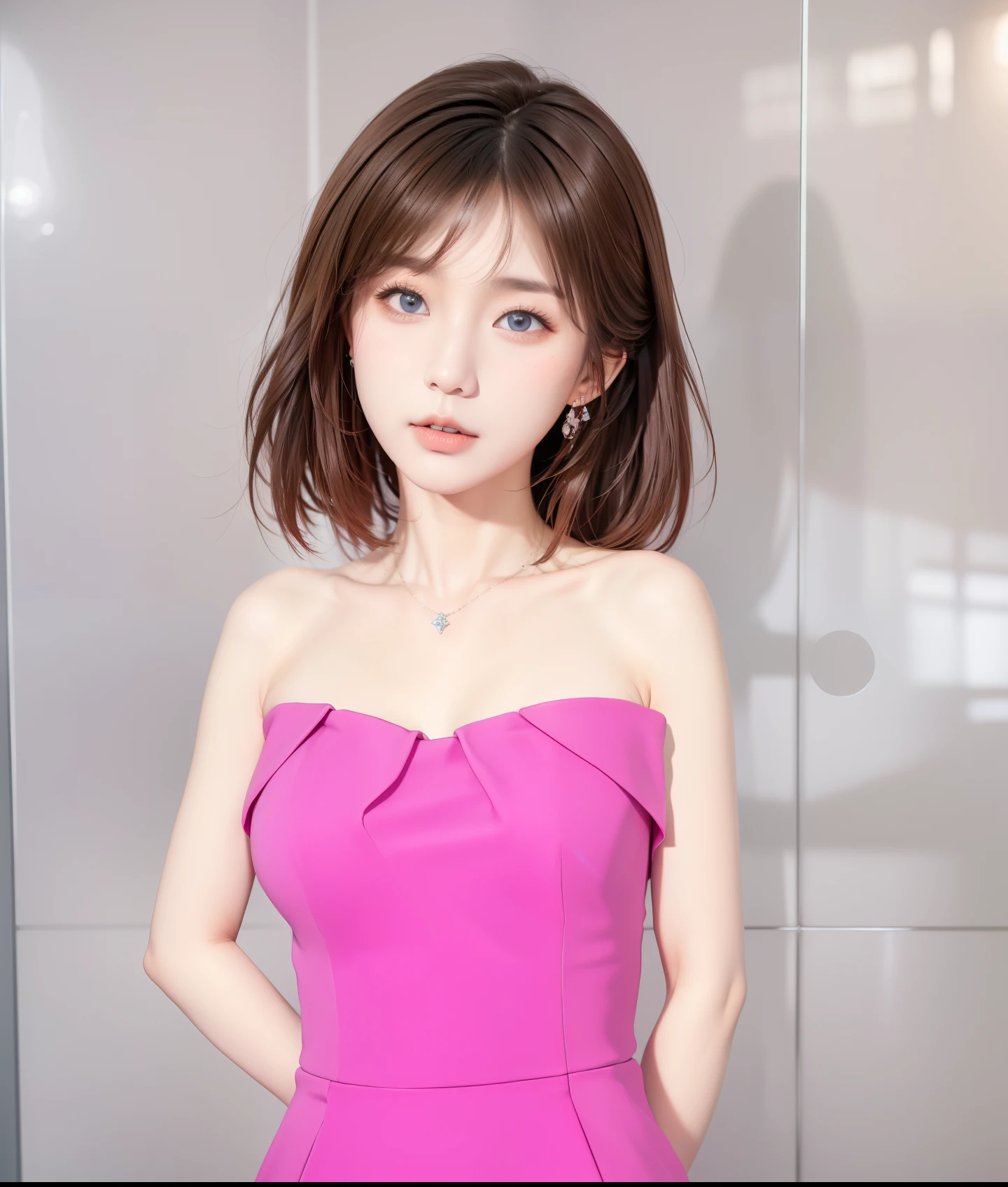 Korea girl in a pink dress with a red diamond necklace ,standing in front of a wall, brown hair, blue eyes, point nose, beautiful lips, realistic ultra details, high quality face