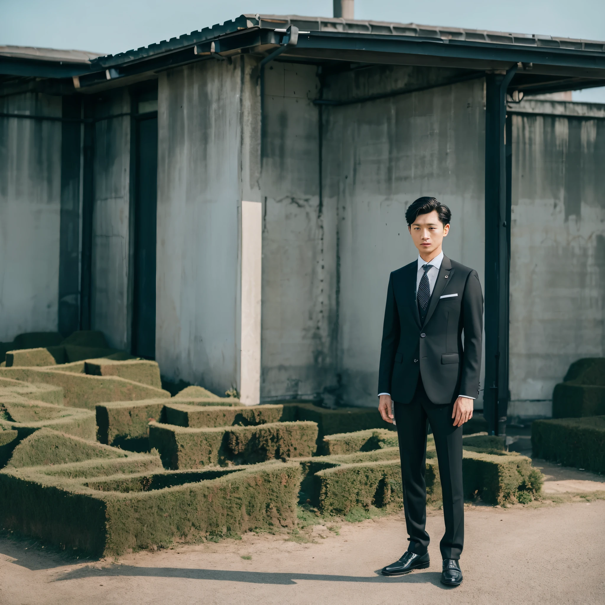 A single businessman in 3 piece suit standing amd looking in camera