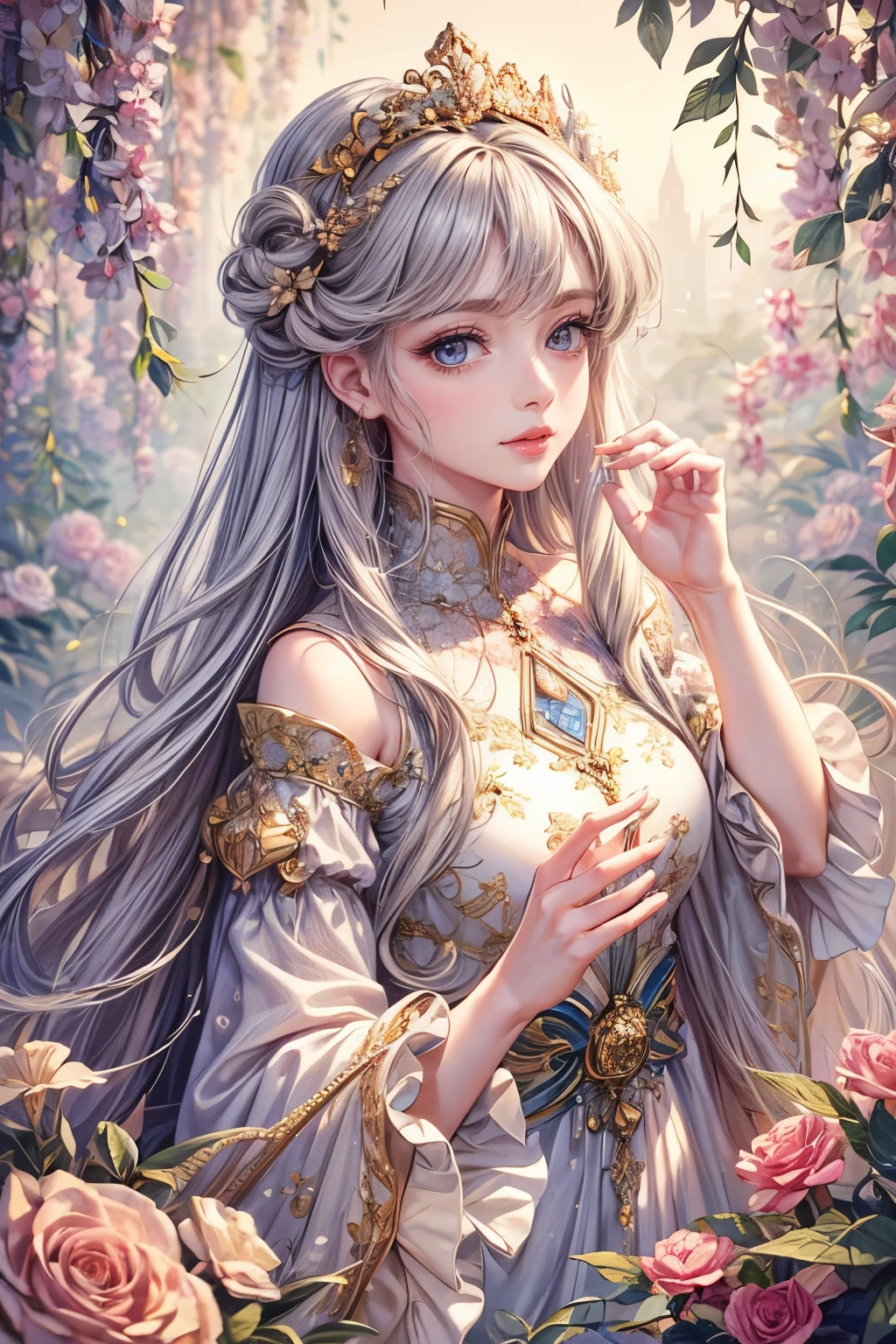 (best quality,8K,CG),detailed upper body,solitary girl,floral forest background,complex facial features,elegant long curly hair,almond-shaped big eyes,detailed eye makeup,long eyelashes,twinkling stars,exquisite lip details,soft and harmonious style.