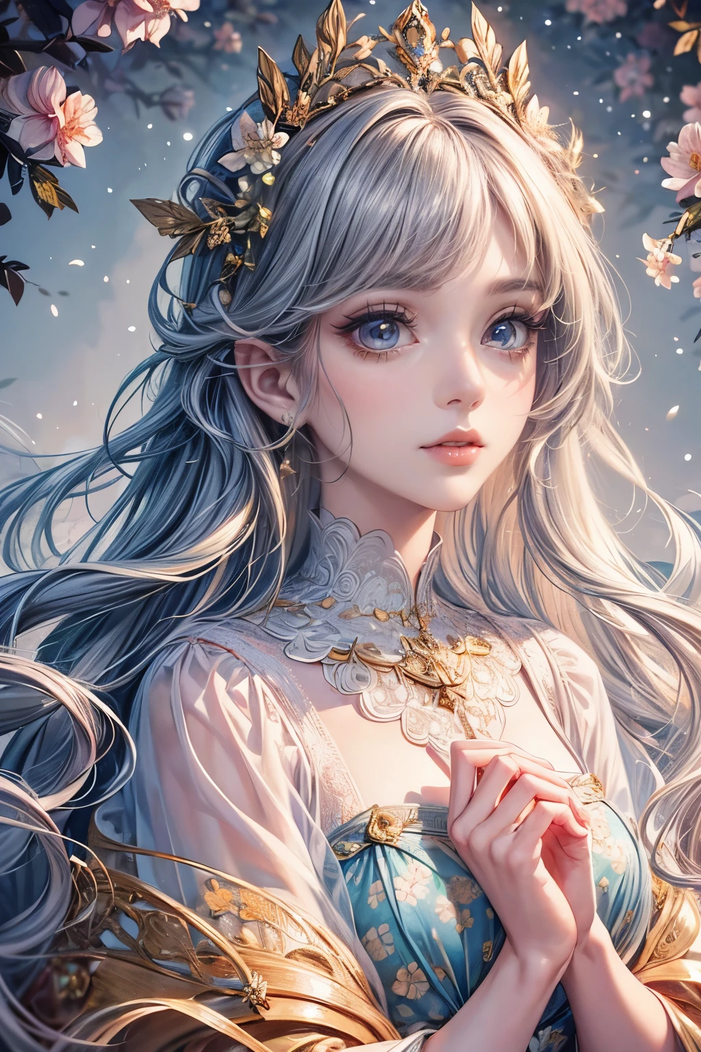 (best quality,8K,CG),detailed upper body,solitary girl,floral forest background,complex facial features,elegant long curly hair,almond-shaped big eyes,detailed eye makeup,long eyelashes,twinkling stars,exquisite lip details,soft and harmonious style.