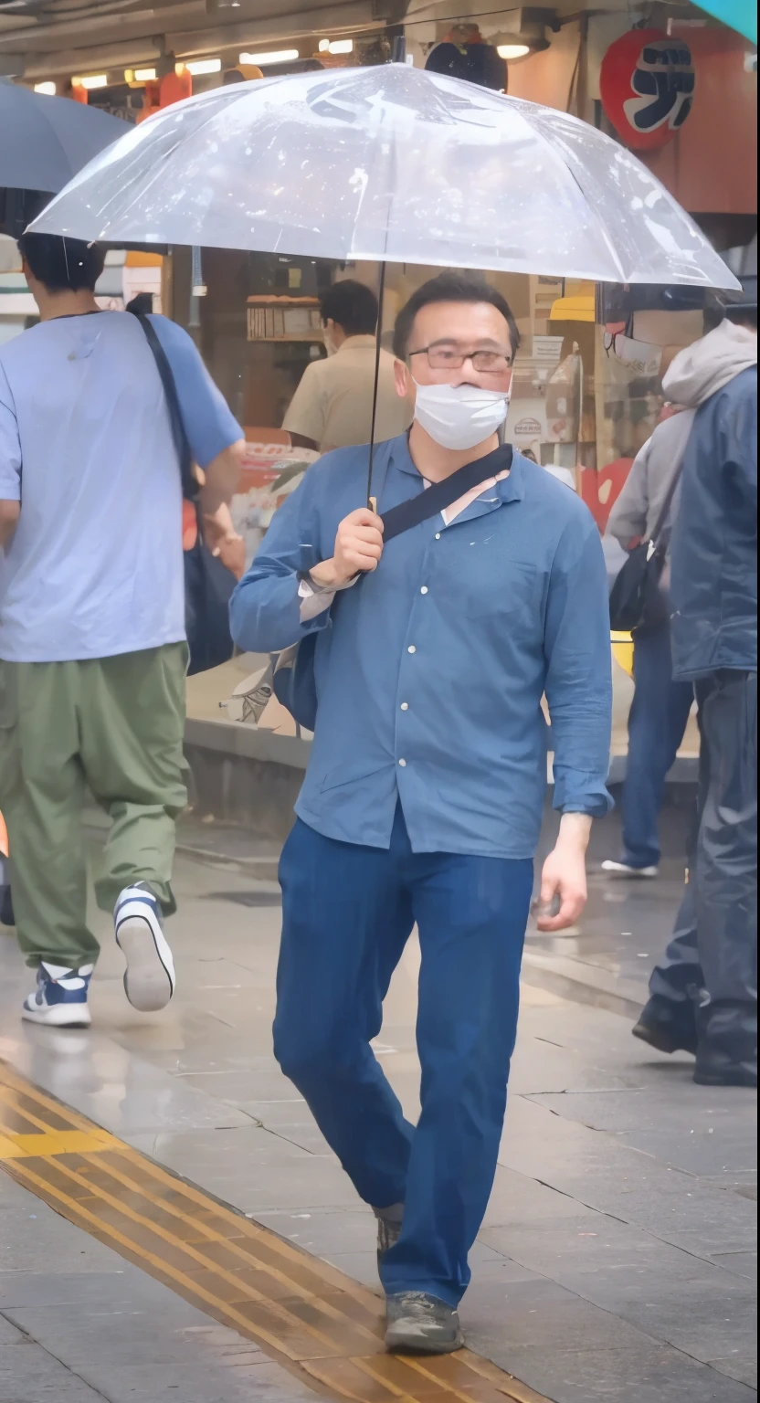 husband holding umbrella、Walking on the street wearing a mask, Highest quality clear photos