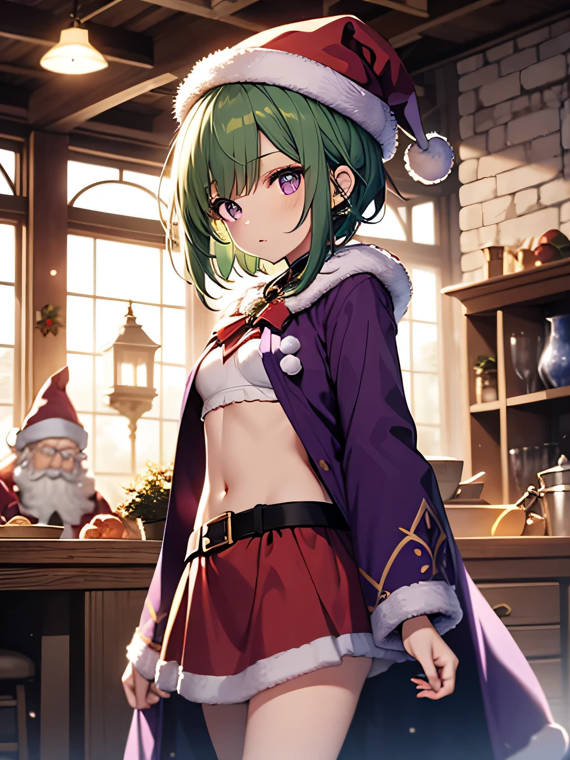 top-quality、extremely delicate and beautiful、(A teenage girl)、Purple Eye、Green hair、small tits、short-haired、(Purple pointy hat)、Soio、santa costume、santa claus vice、shortsleeves、Purple skirt、Purple Wizard Robe、Navel、is standing