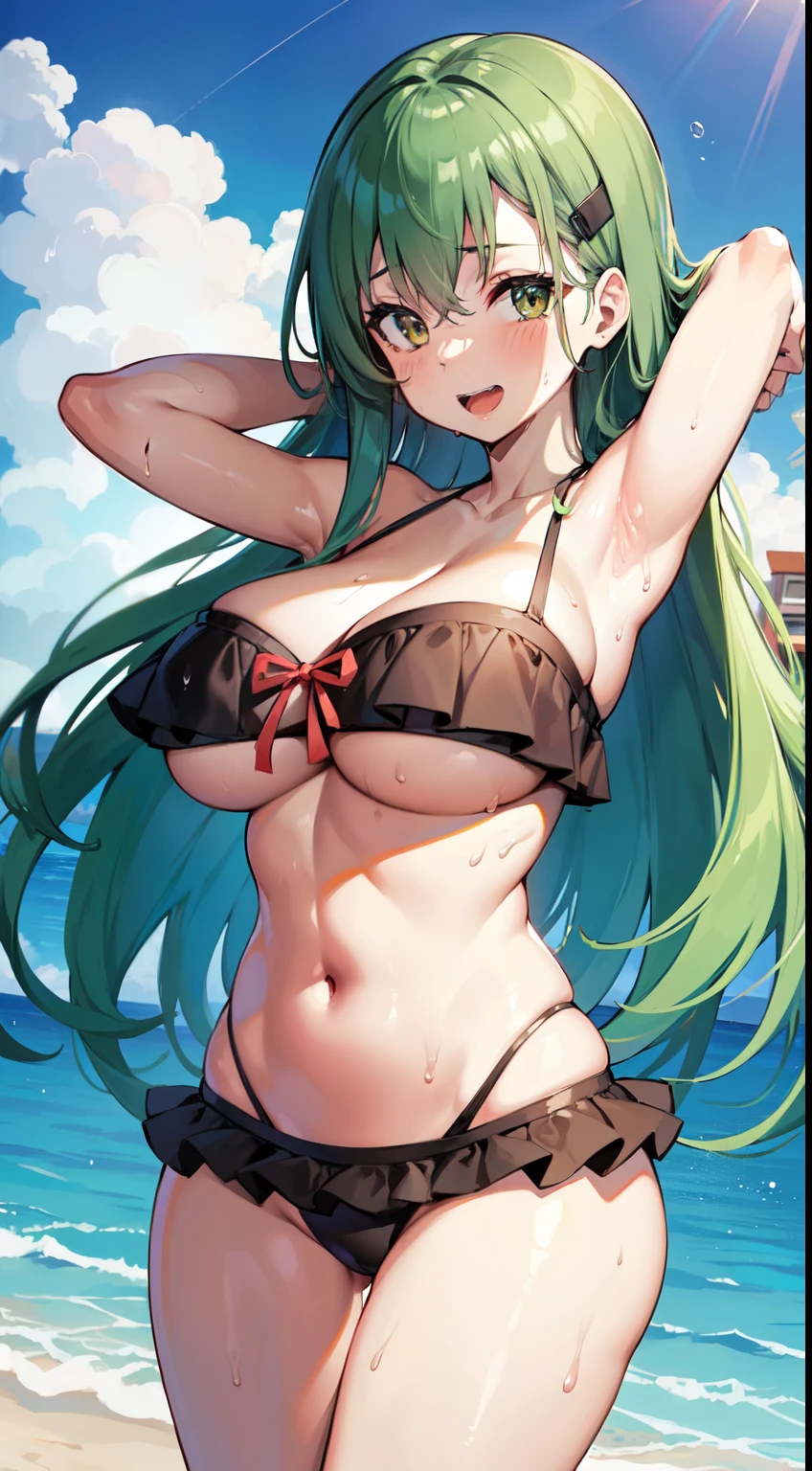 solo, milf, suzuya, kantai collection, huge breasts, long hair, tube top,frilled suimsuit,frilled bikini,long hair, green hair, wide hips,looking at viewer, wide hips, open mouth, smile,resort beach,,chubby, sweat body, wet body, light,navel,under boob,