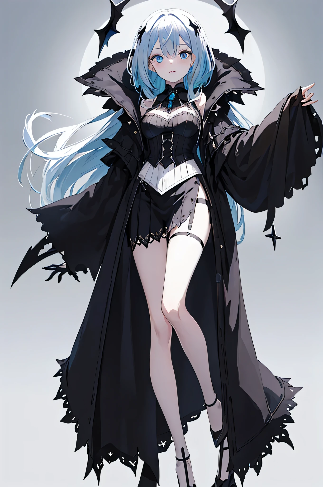 1 young and gorgeous girl, There is a pair of brownish-black horns on the head, light blue hair, light crystal blue eyes,beautiful eyes,fantasy, gothic, cute witch outfit,embarrassed,sblunt bangs,cinematuc lighting,,((full body))((white background)),((transparent background)),empty background, character middle of screen, look at camera,show foots,show legs