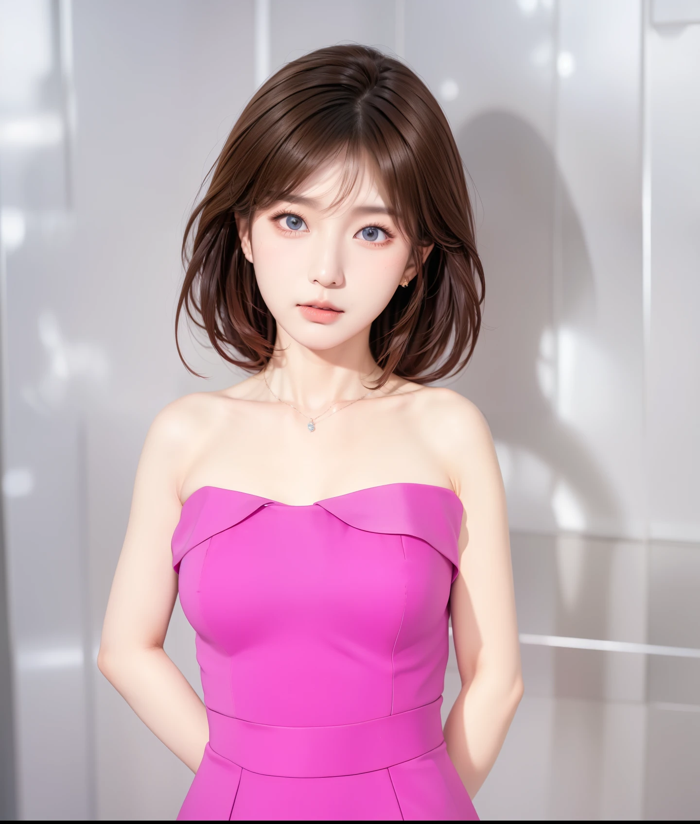 Korea girl in a pink dress with a red diamond necklace ,standing in front of a wall, brown hair, blue eyes, point nose, beautiful lips, realistic ultra details, high quality face