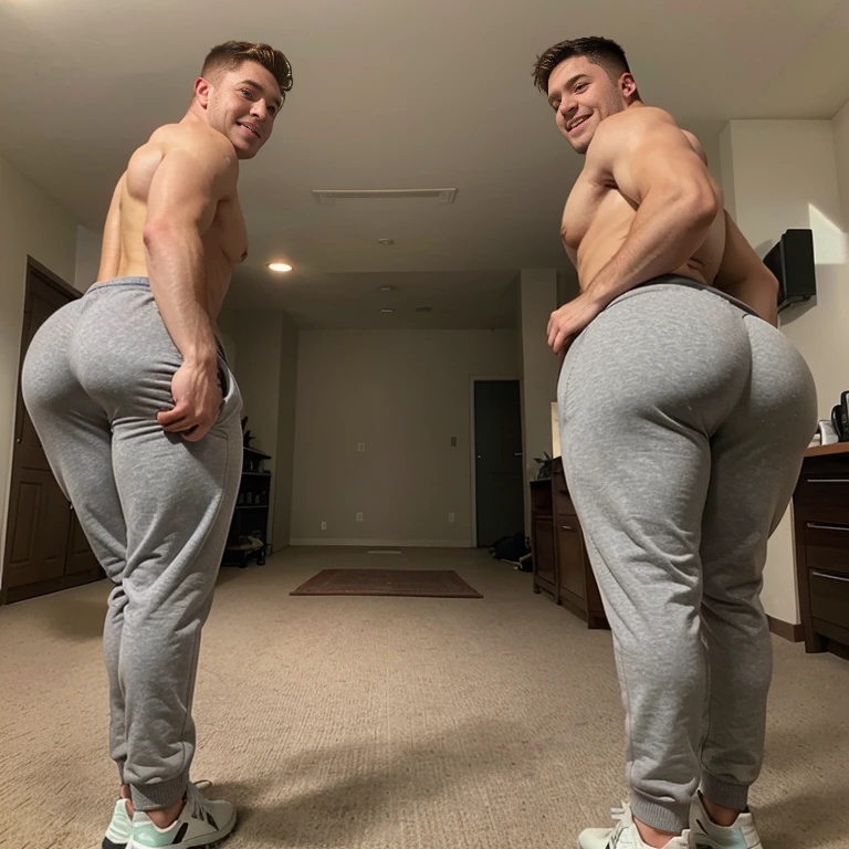 Two college frat guys, muscular, jocks, athletic, shirtless, ginger, wearing grey sweatpants, big butt, huge ass, comically massive ass, bubblebutt, thick, thicc, thick ass, thick legs, thick thighs, huge butt cheeks, ass huge, showing butt to camera, smiling, looking back at camera, big booty, boy booty, men with huge butts, men in grey sweatpants, showing off ass, absolutely massive butt, enormous ass cheeks in grey sweatpants, full ass, wide ass, round ass