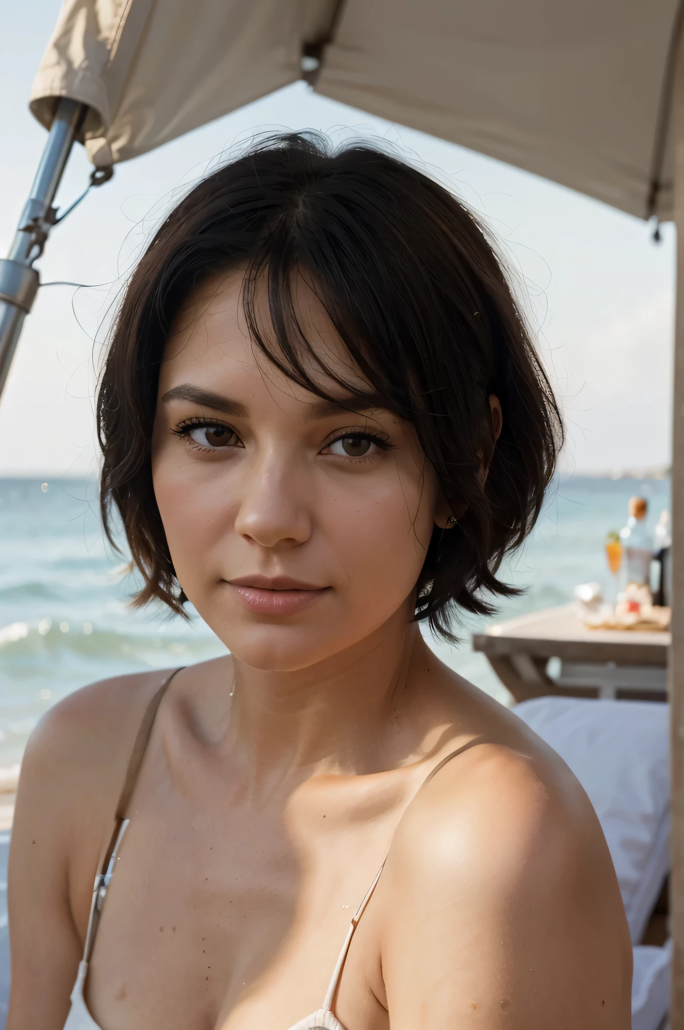 A photorealistic portrait of a 42-year-old white Russian girl with short, black hair and brown eyes. She should have a natural, approachable expression and be illuminated by soft, golden-hour sunlight. The background should be a scenic outdoor setting, perhaps a sunlit beach. Capture this image with a high-resolution photograph using an 85mm lens for a flattering perspective.