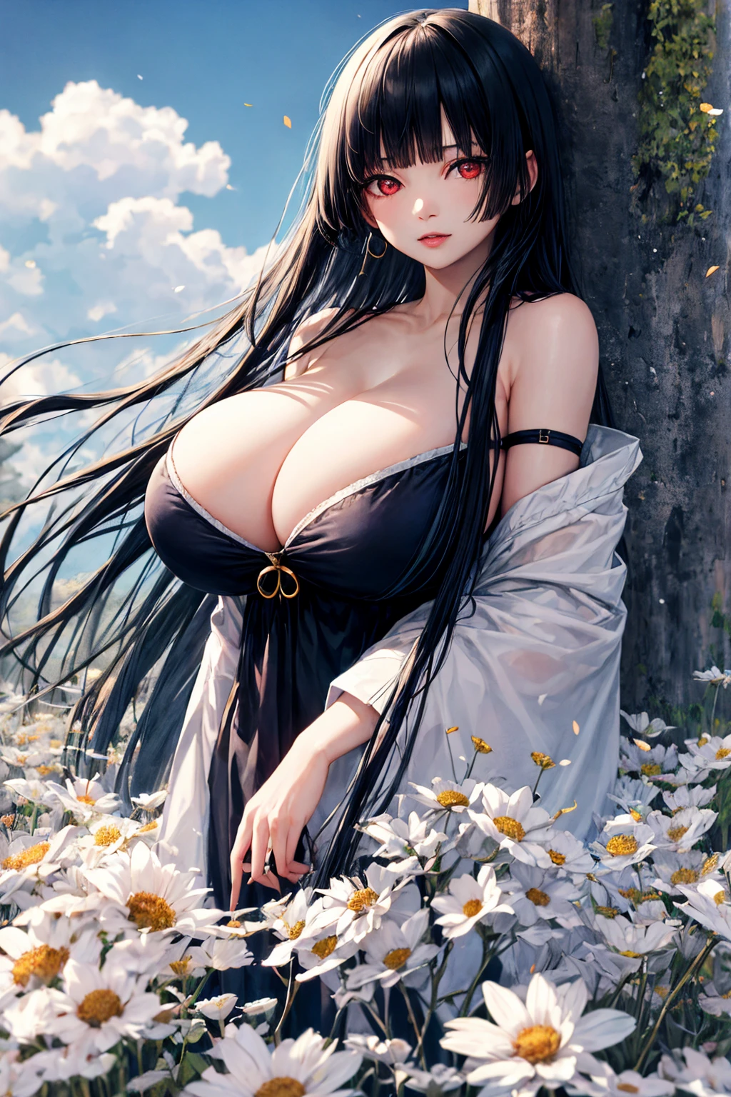 (absurd res, A high resolution, ultra - detailed, hyper HD, Cinematic), Alone, 1个Giant Breast Girl, mature, Happy,hime cut,black long hair,red eyes, (huge breasts:1.5),long breasts,cleavage, collarbone, bare shoulders,armbands,girl standing in light blues flower field, light blues flower petal surrounding girl, full bodyesbian, Blue long-haired girl, light blues hair, fanciful, dream-like, Snowy Land, offcial art, trending art, contours, ultra - detailed face, ultra - detailed eyes, light blues flower field, ultra - detailed field, The white blue sky, Cold, light blues, The white, Nebula in the sky, blue tree, aquarelle, pastel colour