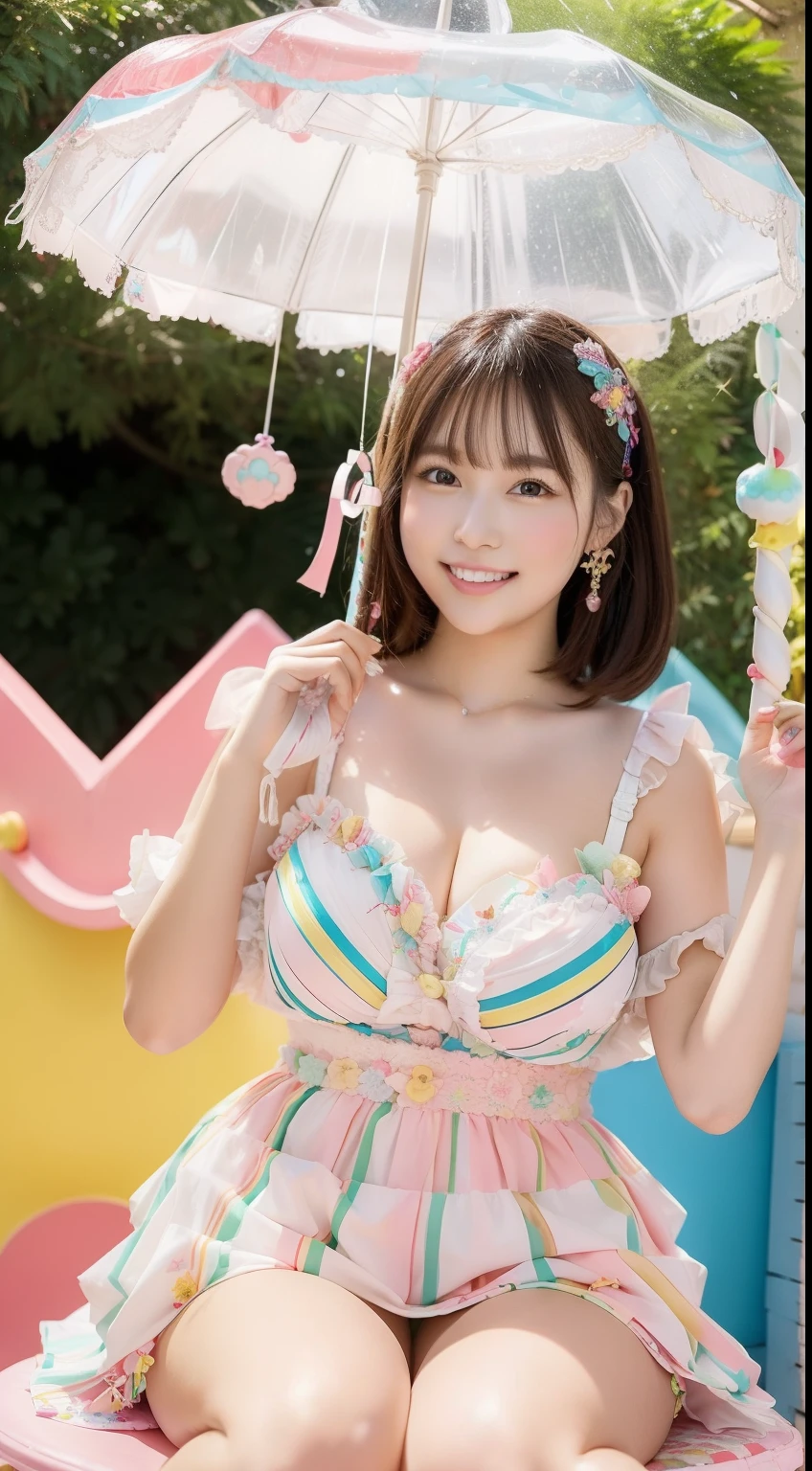 Fashion: Dress up in a colorful ensemble reminiscent of candy wrappers, Cleavage in bright pastel colors and playful accessories、Colossal tits、sixteen years old. 2. Pose: Pose whimsically while holding a giant lollipop, Show off a carefree and fun attitude. 3. Background: Pose in front of a candy-themed background filled with oversized candies, cotton candy clouds, and Candy Cane Tree. 4. Candy Throne: Sit on a candy-style throne made with oversized gum drops, Surrounded by candy treasures. 5. Cupcake Delight: Lean on a giant cupcake prop, Please wear clothes that match the color and frosting of the cupcake. 6. Rainbow Pathway: Walk along a rainbow path made of candy pieces, Exudes surprise and excitement. 7. Candy Rain: With colorful umbrella「Candy Rain」Capture the moment of, Standing under a shower of falling candies. 8. giant cream corn: Pose beside a giant  cream cone prop, A costume with a distinctive cream corn pattern and color.. 9. Candy Wonderland Swing: Playfully swing in candy cane swing in dreamy landscape of candy tree and candy floss clouds. 10. Gummy Bear Garden: Sit in the garden of oversized gummy bears, Wearing gummy bear-themed costumes to match the colors of the candy garden