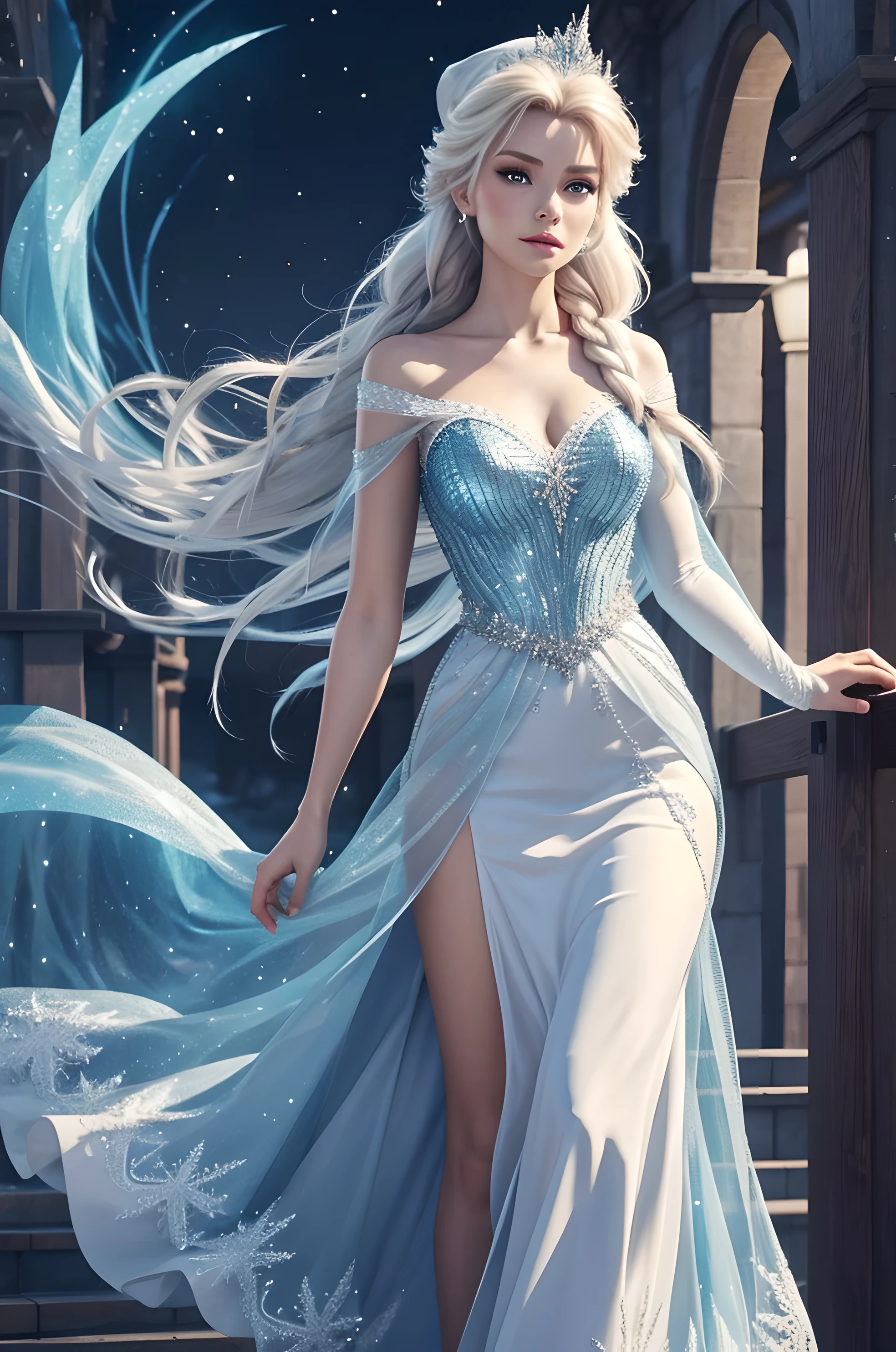 Generate an realistic image of Elsa from Frozen, real character Frozen elsa, dressed in modern fashion for a New Year's party. HDR 8K texture dress, visual render Elsa, Elsa should be wearing a red, delicate long dress , along with a New Year's santa hat. The dress should be stylish and suitable for a princess. New Year's dress with real feathers and tassels